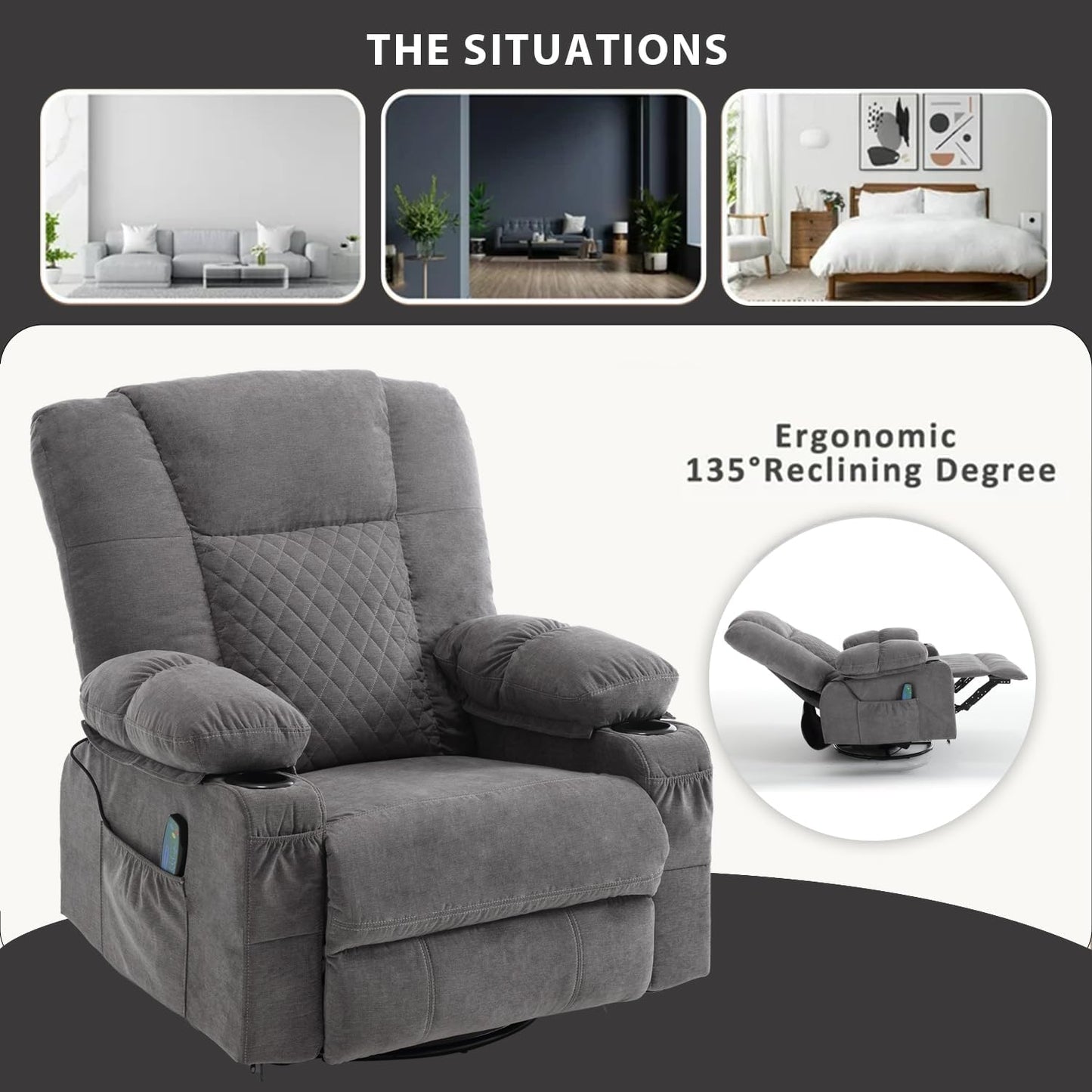 Swivel Rocker Recliner Chair for Adults with Vibration Massage, Overstuffed Soft Fabric Recliner with Lumbar Heat, Modern Manual Rocking Recliner with Cup Holders, for Living Room, Home Theater, Grey