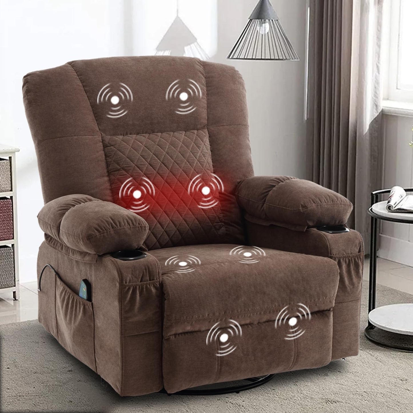 Swivel Rocker Recliner Chair for Adults with Vibration Massage, Overstuffed Soft Fabric Recliner with Lumbar Heat, Modern Manual Rocking Recliner with Cup Holders, for Living Room, Home Theater, Grey