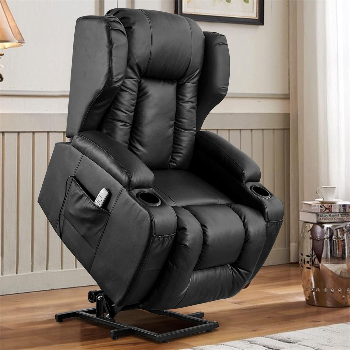 IPKIG Power Lift Chairs Recliners for Elderly with Massage and Heated, Faux Leather Power Recliner Chair with USB Ports/2 Remote Control/4 Side Pocket for Living Room, Bedroom (Black)