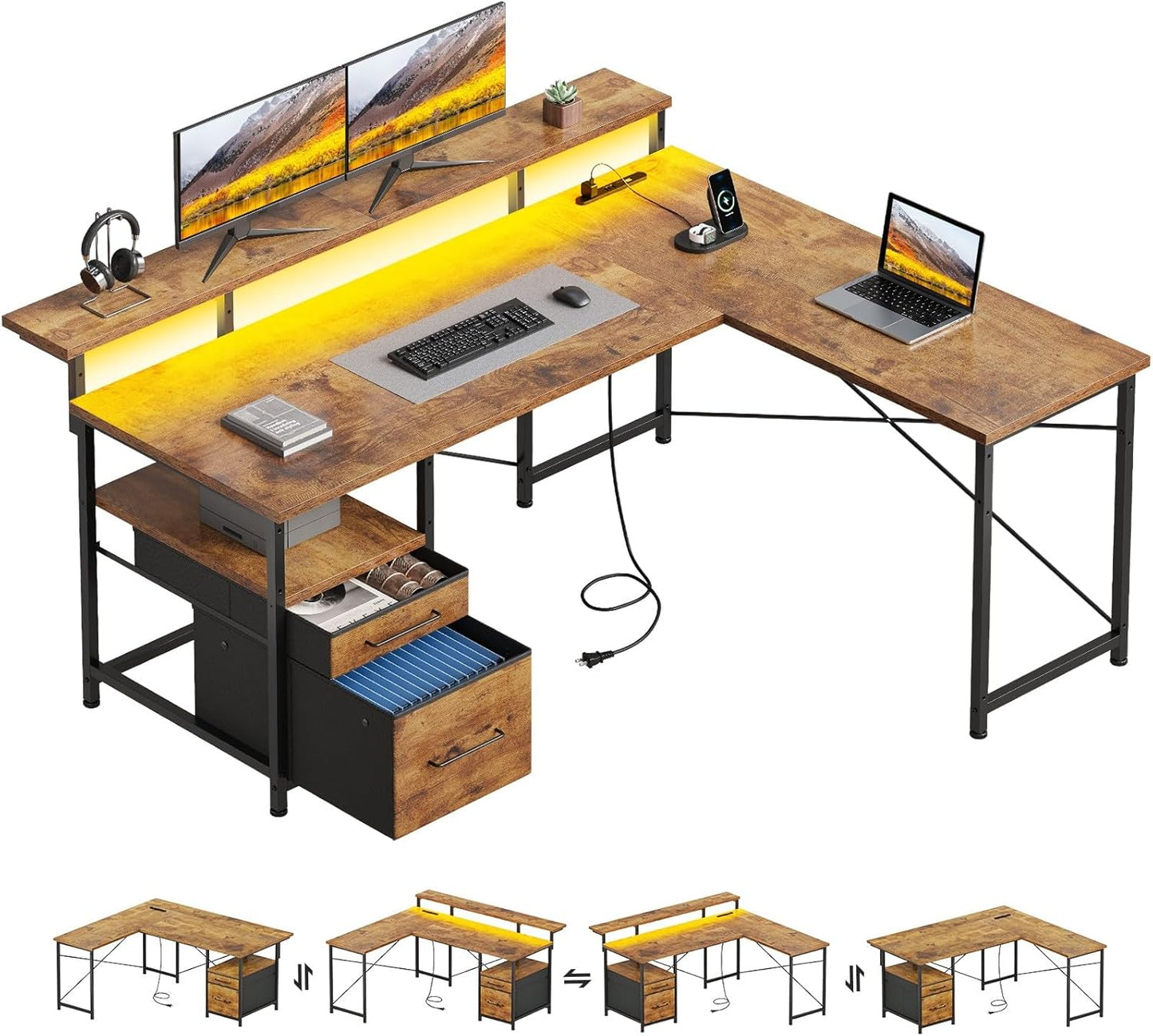 63" Gaming Desk with LED Lights, L Shaped Desk with Monitor Stand, Computer Desk with Drawers, PC Desk with Outlets, Office Desk with Monitor Stand, White