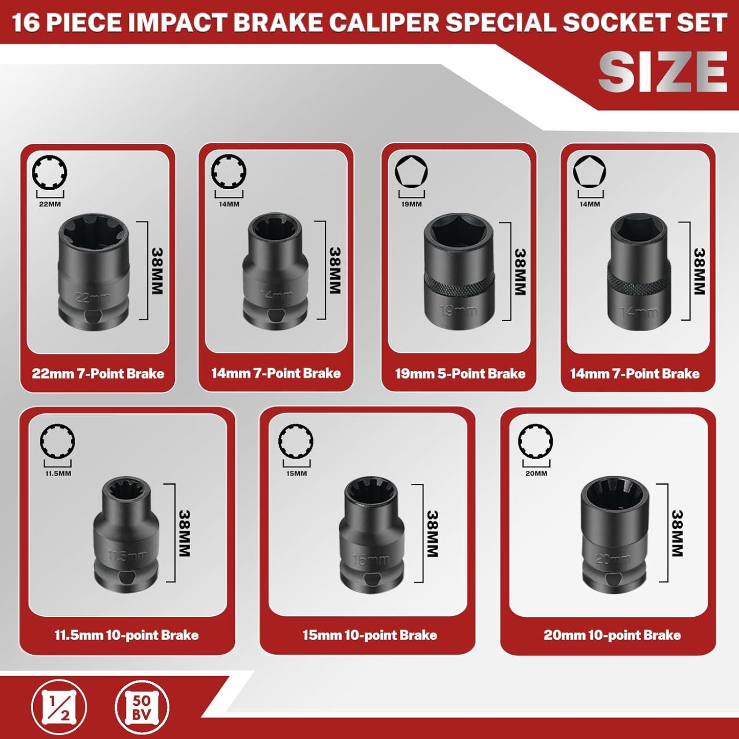BILITOOLS 16-Piece Impact Brake Caliper Socket Set, 1/2" Drive Brake Adjusting Tool Compatible with Audi Porsche VW BMW Ford