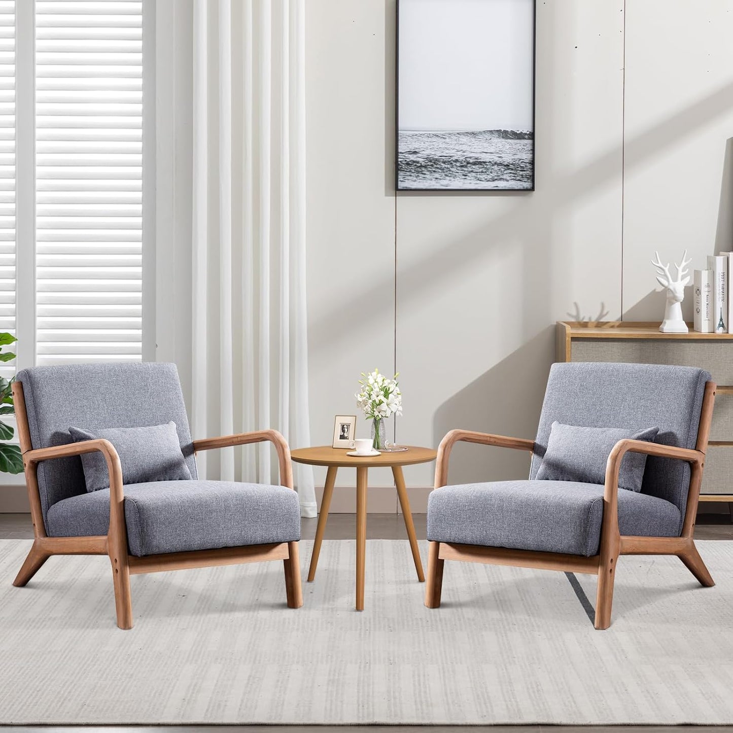 ANJ Modern Arm Chairs Set of 2, Mid-Century Modern Accent Chair Upholstered Lounge Chair with Pillow and Solid Wood Frame, Comfy Lambswool Chairs for Living Room