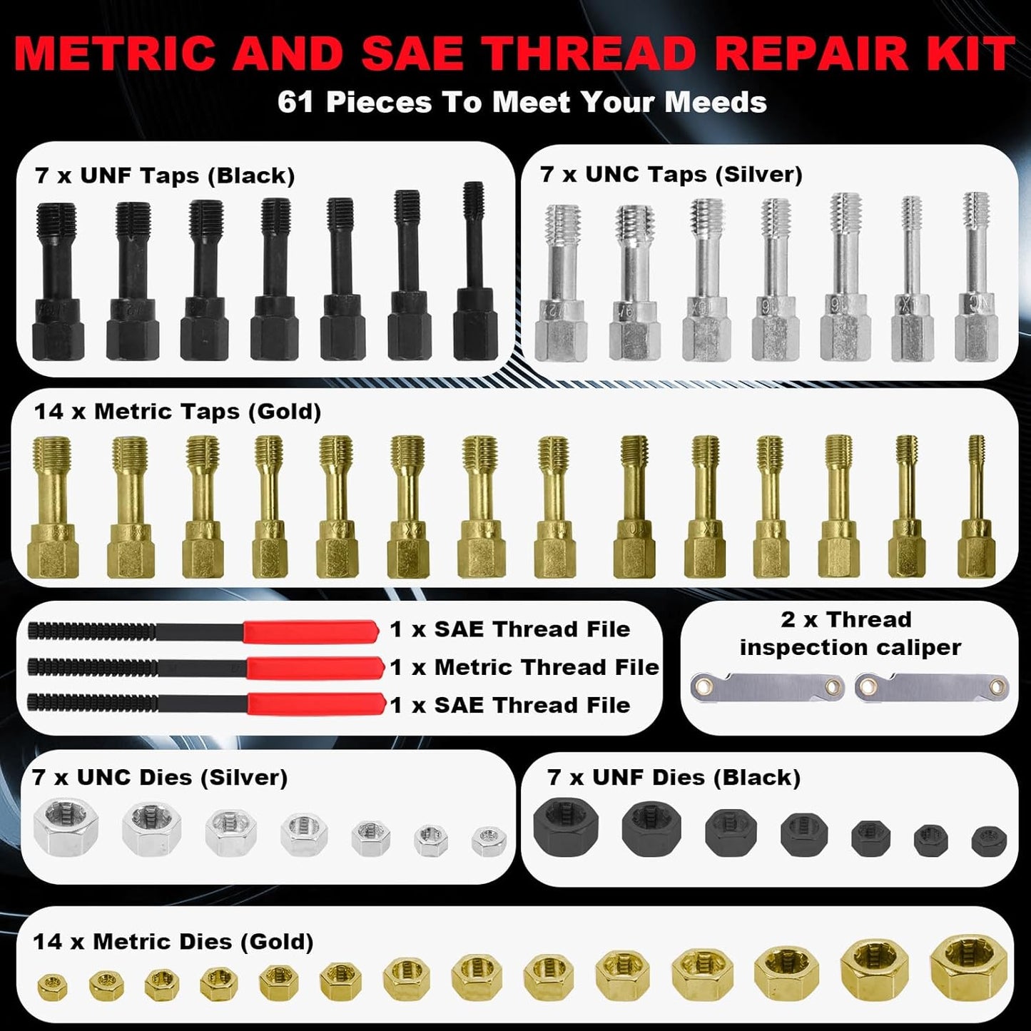 61 Piece Thread Chaser Set - Metric SAE Thread Chaser Kit, UNF UNC Rethreading Tool Kit, Thread File Repair Thread Tool