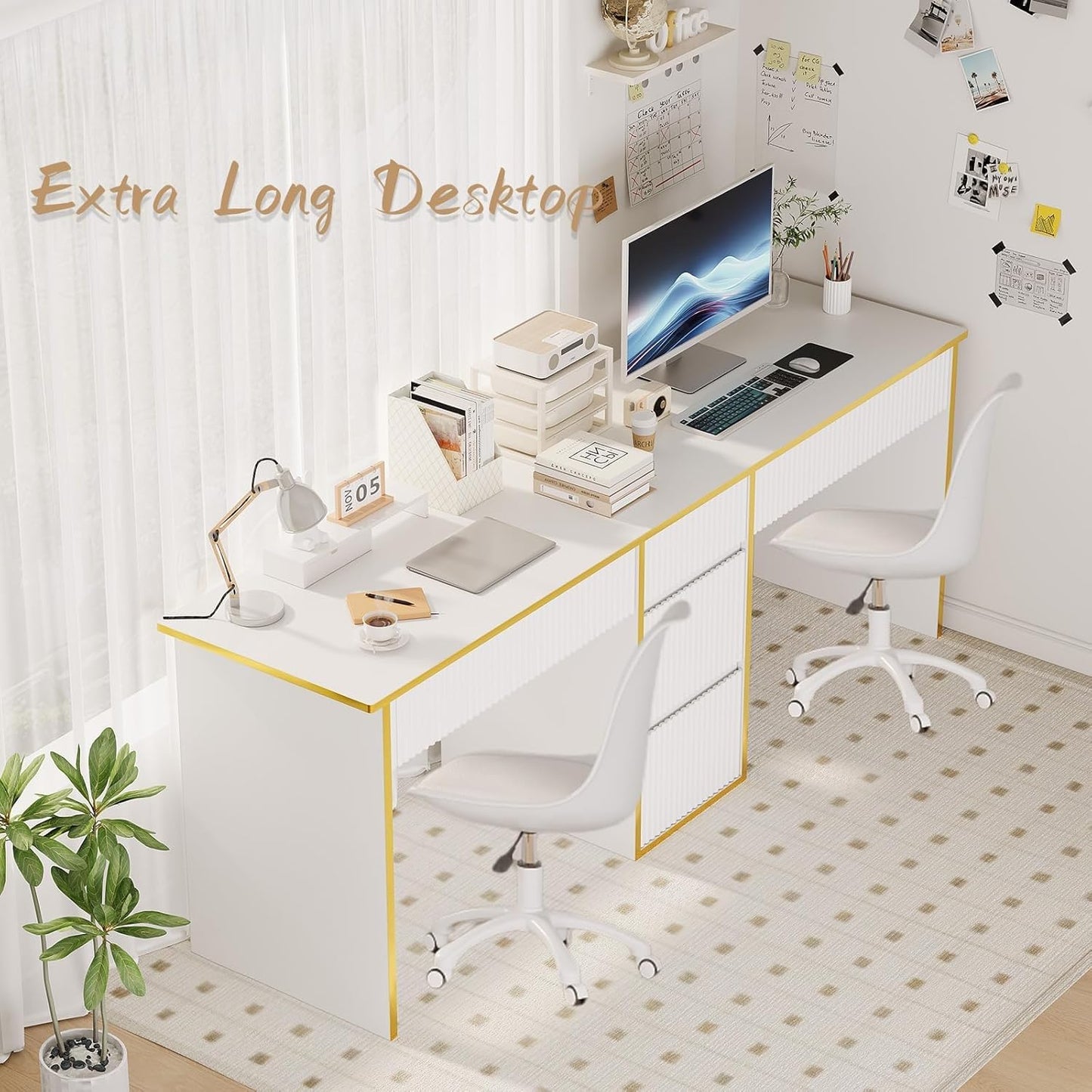 4 EVER WINNER Two Person White Desk with Drawers, 78.72 Inch Extra Long Computer Desk with 5 Storage Drawers, Study Writing Desk with Storage Shelves for Home Office, White and Gold Desk