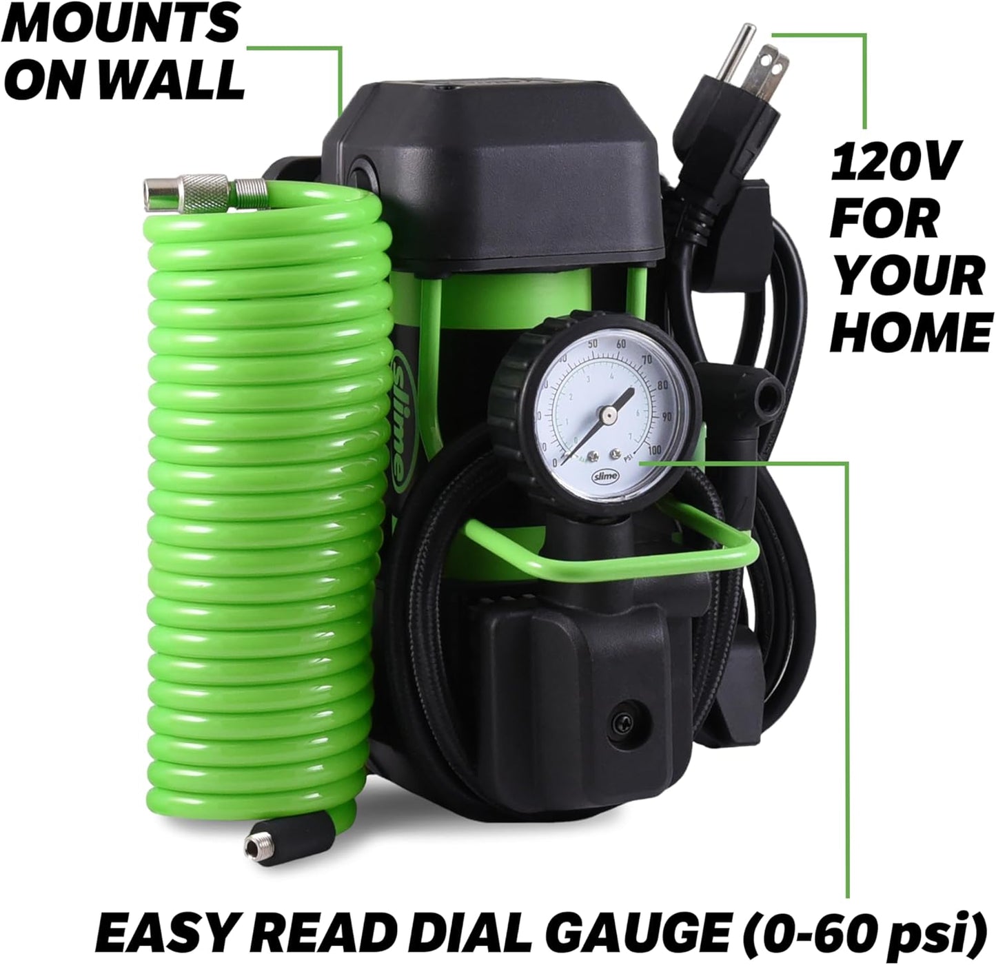 Slime 40045 Home Tire Inflator, Wall Mounted 120V, SUV, 4x4 Air Compressor, Heavy Duty, 2X Pro Power, with Analog 100 psi Dial Gauge, Long Hose and LED Light, 4 min Inflation