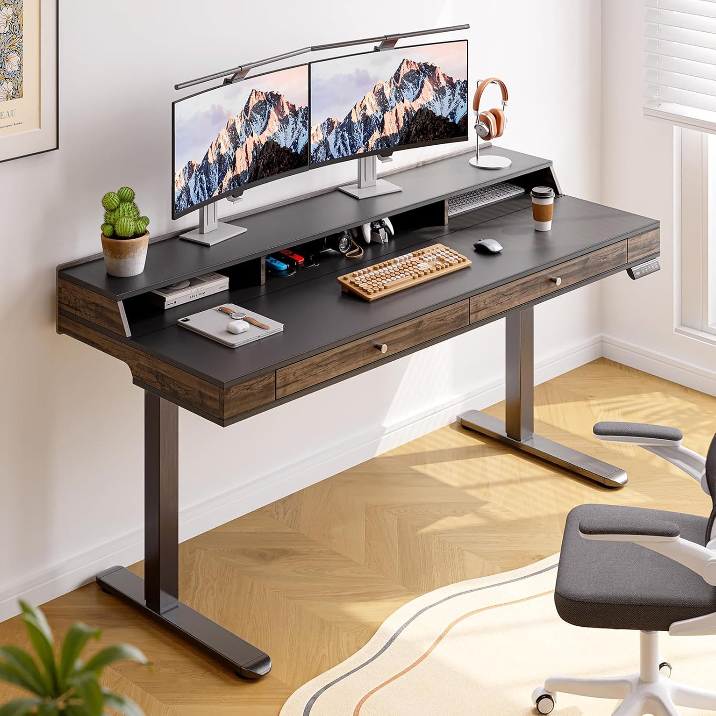 Standing Desk with Drawers, 63x23.6 Inch Electric Stand Up Desk with Storage Shelf and Memory Controller, Sit Stand Desk Adjustable Height from 28-46 Inch for Computer Workstation, White