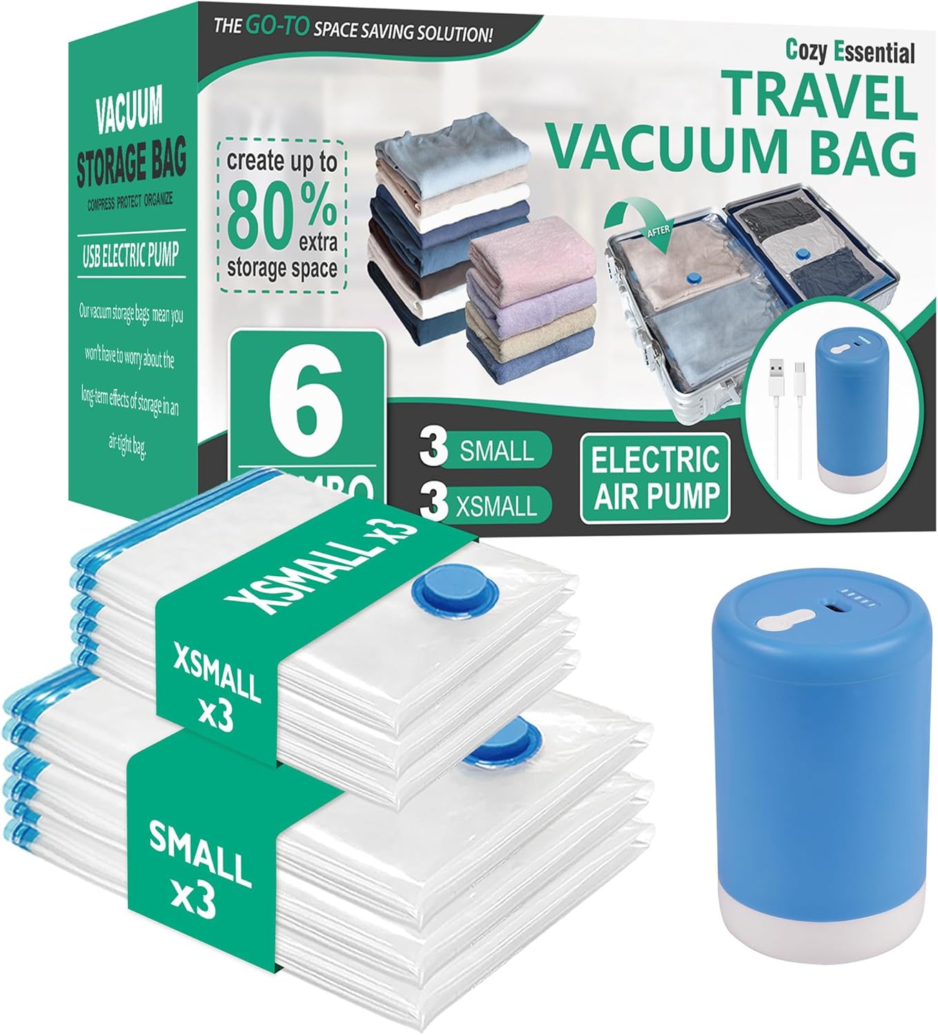 20 Pack Vacuum Storage Bags, Space Saver Bags (4 Jumbo/4 Large/4 Medium/4 Small/4 Roll) Compression for Comforters and Blankets, Sealer Clothes Storage, Hand Pump Included