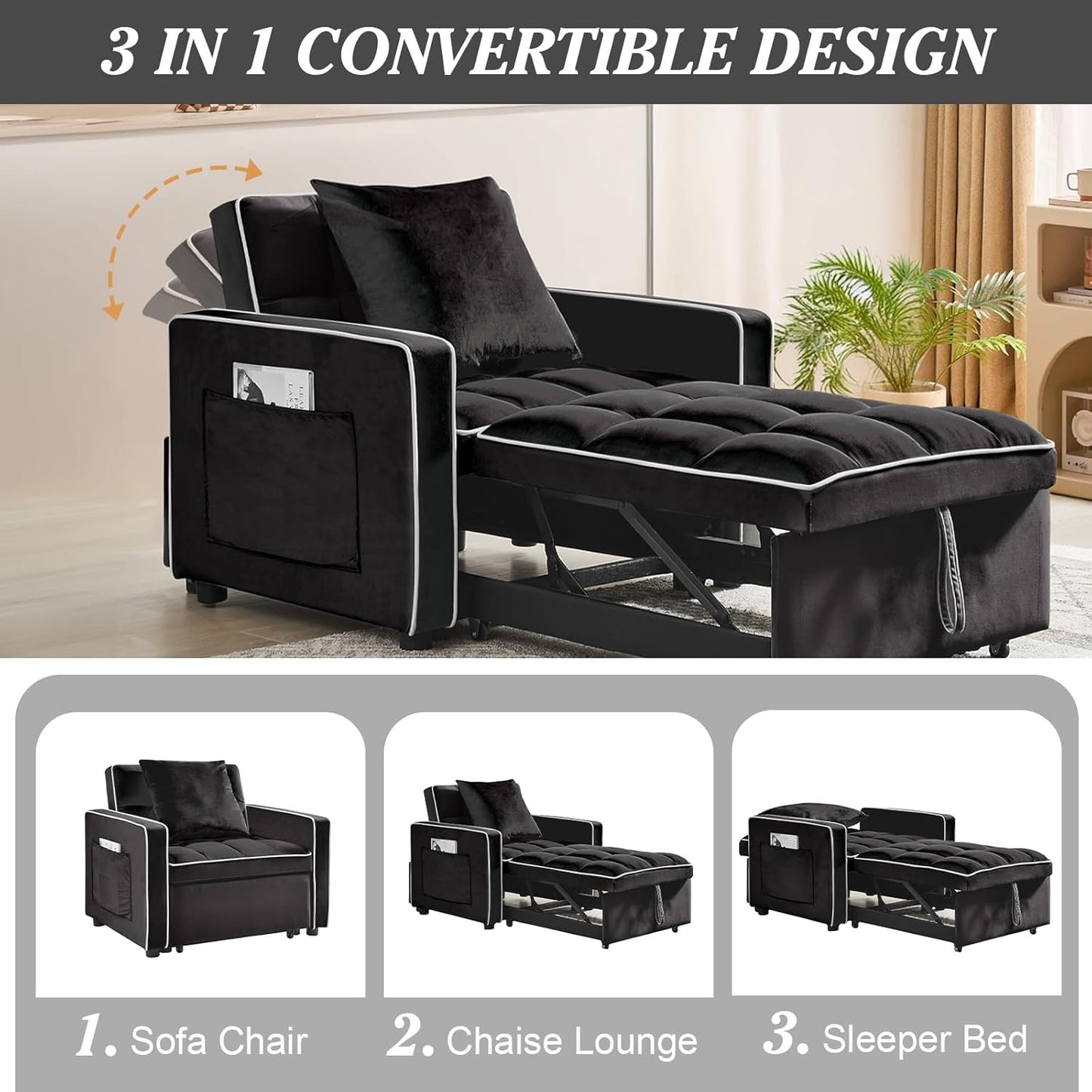 3 in 1 Single Convertible Sleeper Sofa Chair, 35.4" Pull Out Sofa Bed with Adjustable Backrest, Modern Chaise Lounge with Storage, Sleeper Chair Bed with Pillow for Living Room (1, Black)