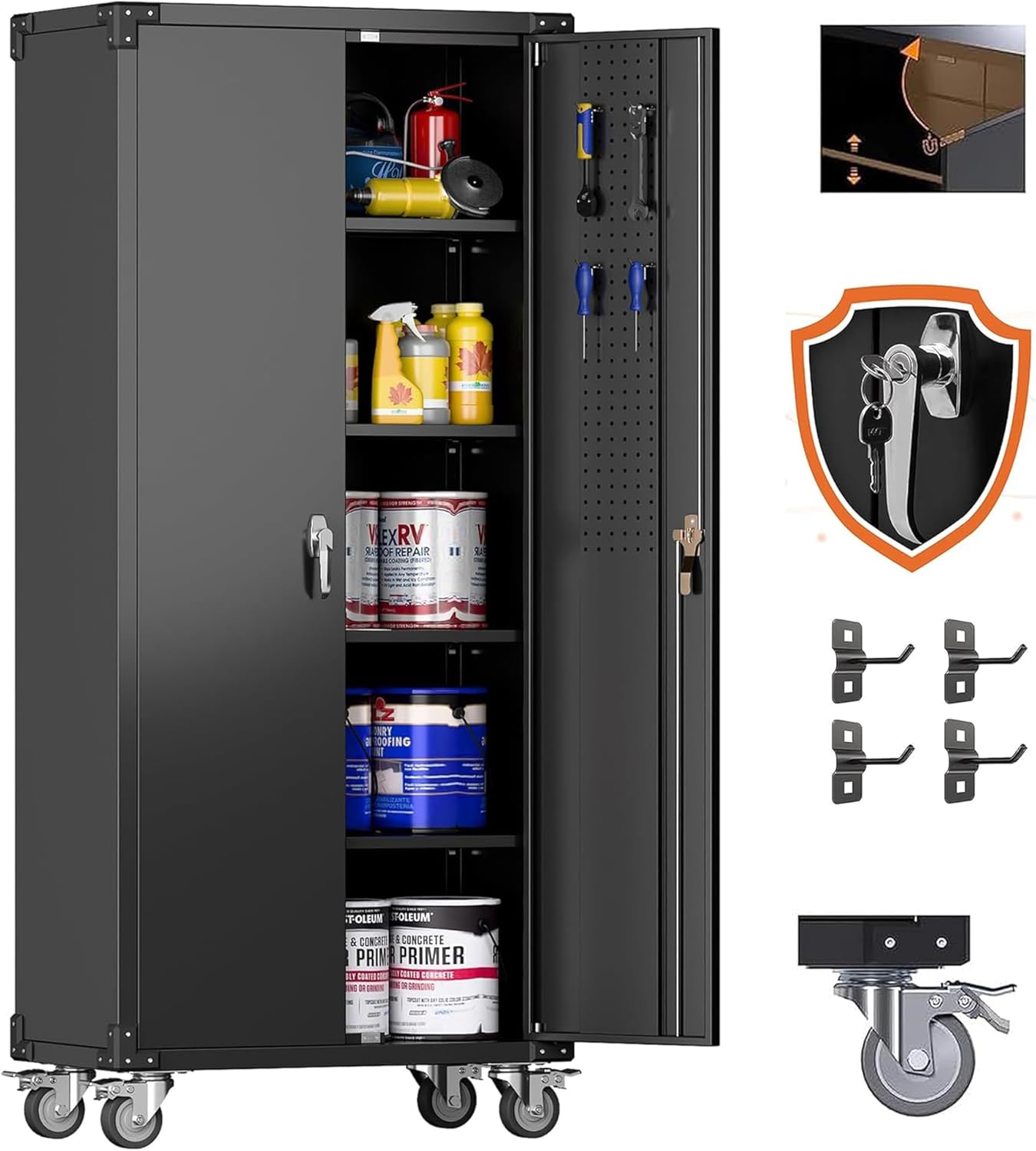 Aobabo Garage Storage Cabinet with Door Pegboard,Lockable Metal Storage Cabinet with 5 Adjustable Shelves for Garage Home,Required Assembly,Black