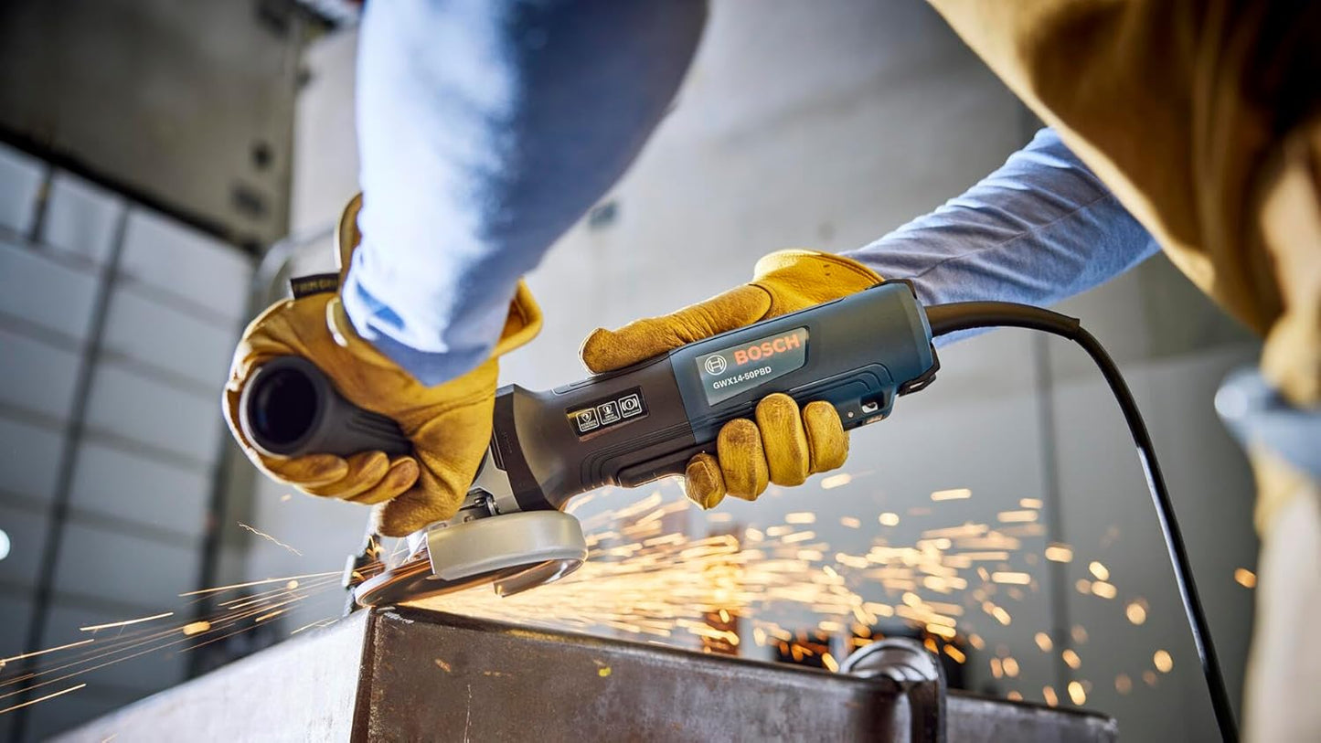 BOSCH GWX14-50PBD 5 In. X-LOCK™ Angle Grinder - 13-Amp Motor, 11,500 RPM, Lightweight Design, Paddle Switch, Brake System, Anti-Vibration Handle, KickBack Control, Overload Protection