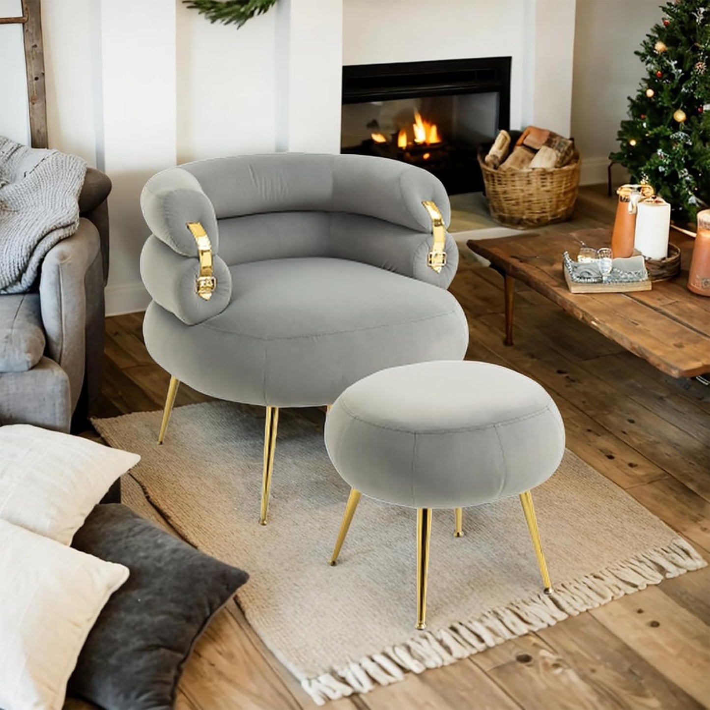 Accent Chair with Ottoman Upholstered Button Tufted Armchair for Living Room, Butacas para Sala Modernas Barrel Lounge Chair with Sturdy Metal Legs (Wine RED + Velvet)