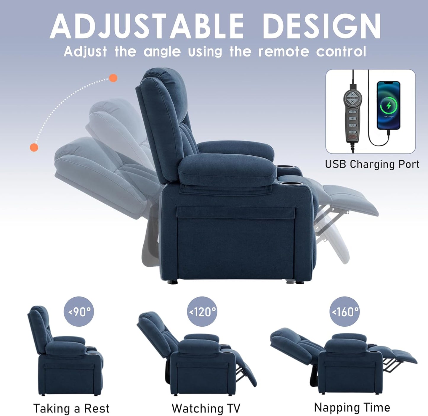 Andeworld Power Recliner Chair,Reclining Sofa Chair with Heat and Massage for Adults, Upholstered Heating Point Theater Seating Single Sofa with Side Pockets Sidetable for Living Room, Blue