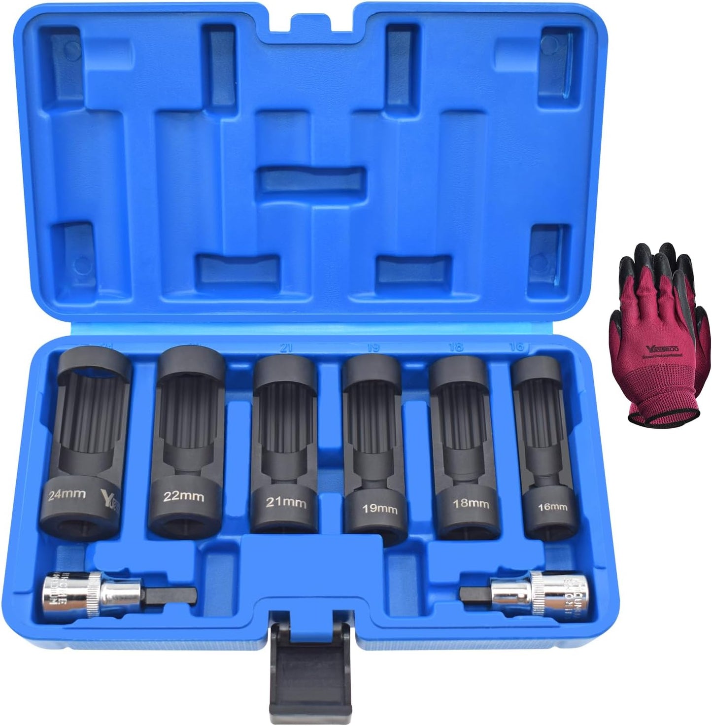 9pcs Strut Nut Socket 16mm 18mm 19mm 21mm 22mm 24mm with 12 Point 1/2" Drive, Suspension Strut Spreader Socket Tool Kit Shock Absorber Tool Suspension Strut Split Hub/Knuckle Spreader Tool