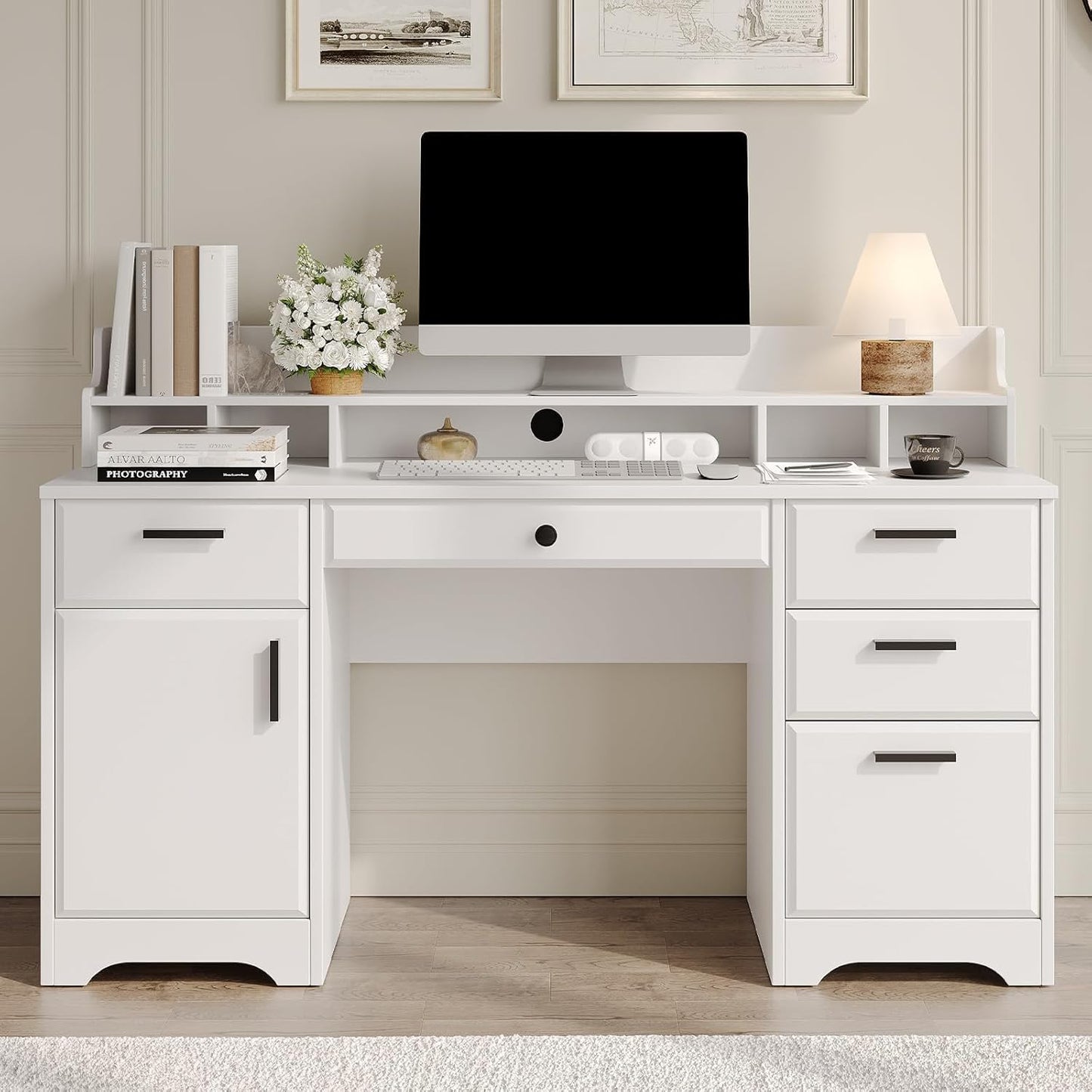 58 Inch Executive Desk with File Drawers, Computer Desk with Storage, Rustic Desk with Adjustable Shelves, Office Desk with Hutch for Bedroom, Grey