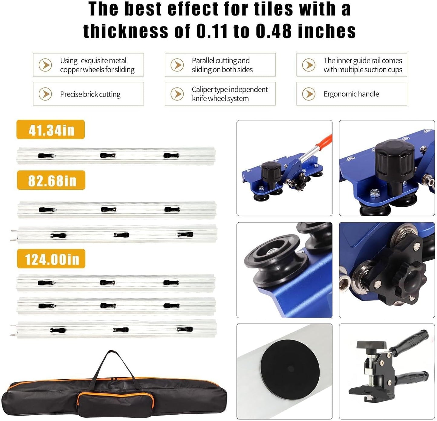 110" Professional Large Format Manual Tile Cutter with Built-in Suction Cups & Tile Pliers, 3 Push Knives – Cuts Porcelain, Ceramic & Stone Tiles up to 4.7" Thick (Blue)