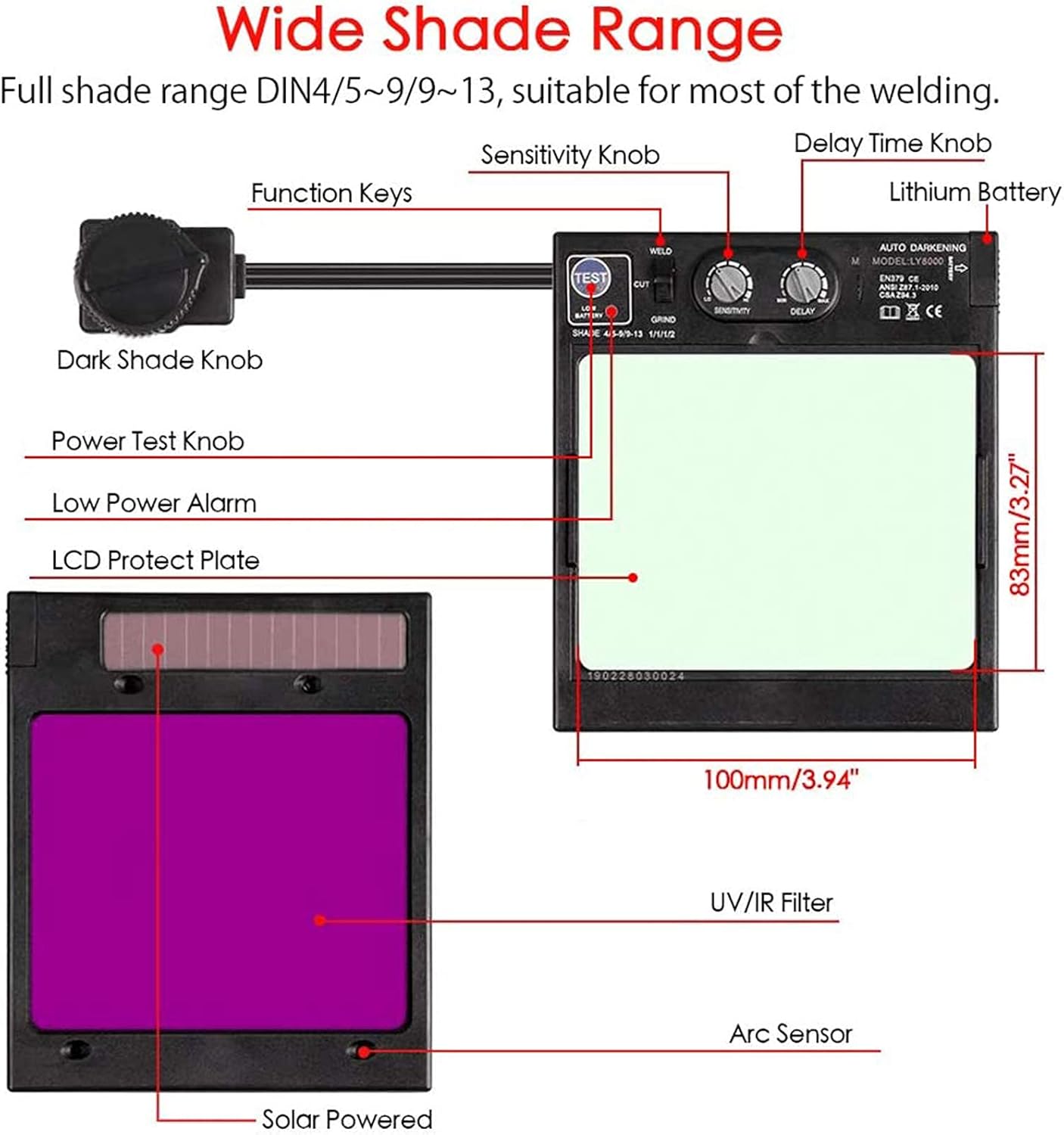 TEKWARE Ultra Large Viewing Screen True Color Solar Power Auto Darkening Welding Helmet, Hemispherical 4C lense, 4 Arc Sensor Wide Shade 4~5/9-9/13 for TIG MIG Arc Weld Grinding Welder Mask