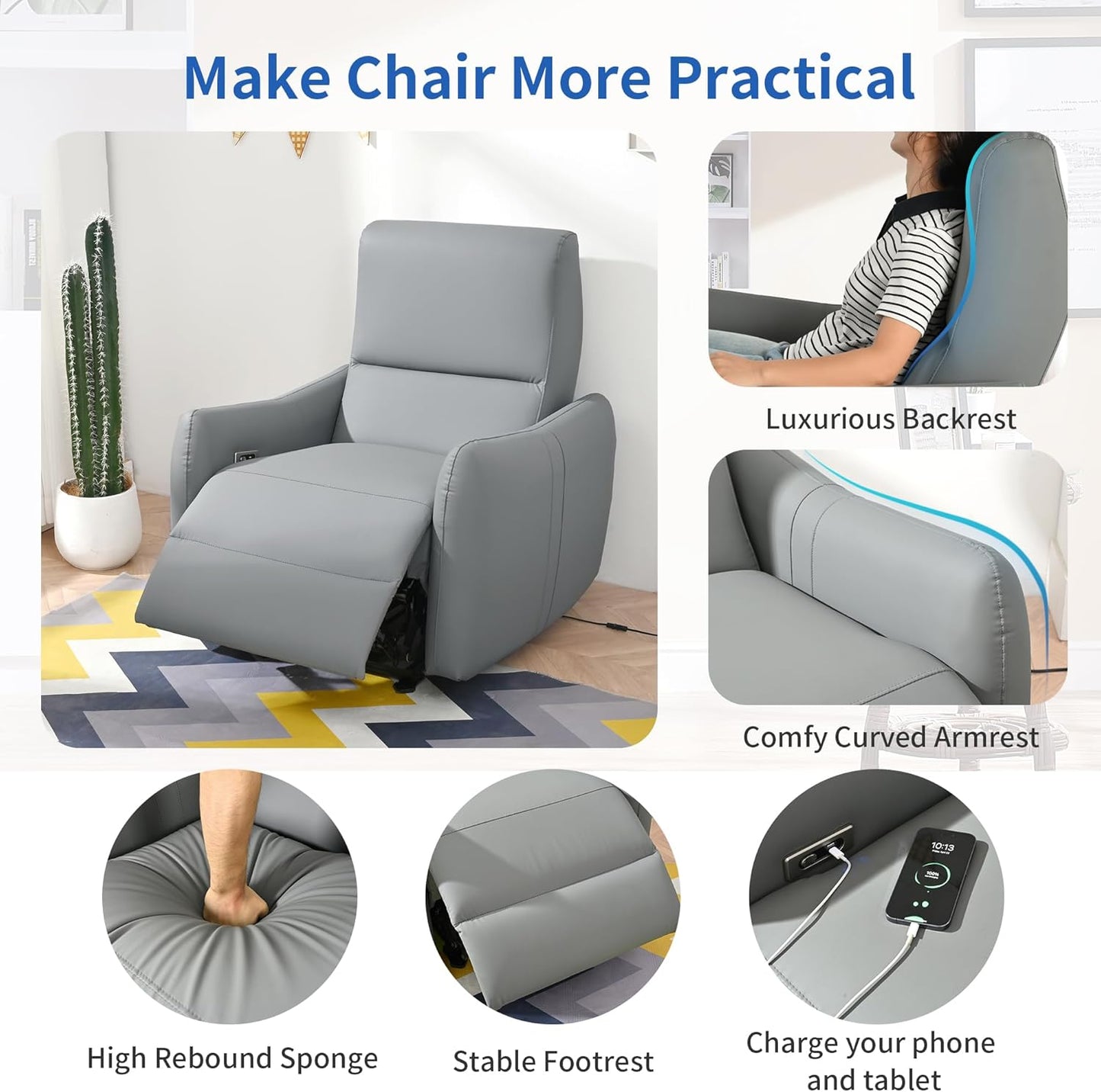 Wall Hugger Power Recliner Chair, Zero Wall Electric Recliner Chairs with USB Port, Space Saving Large Recliner for Living Room, RV, Home Theater