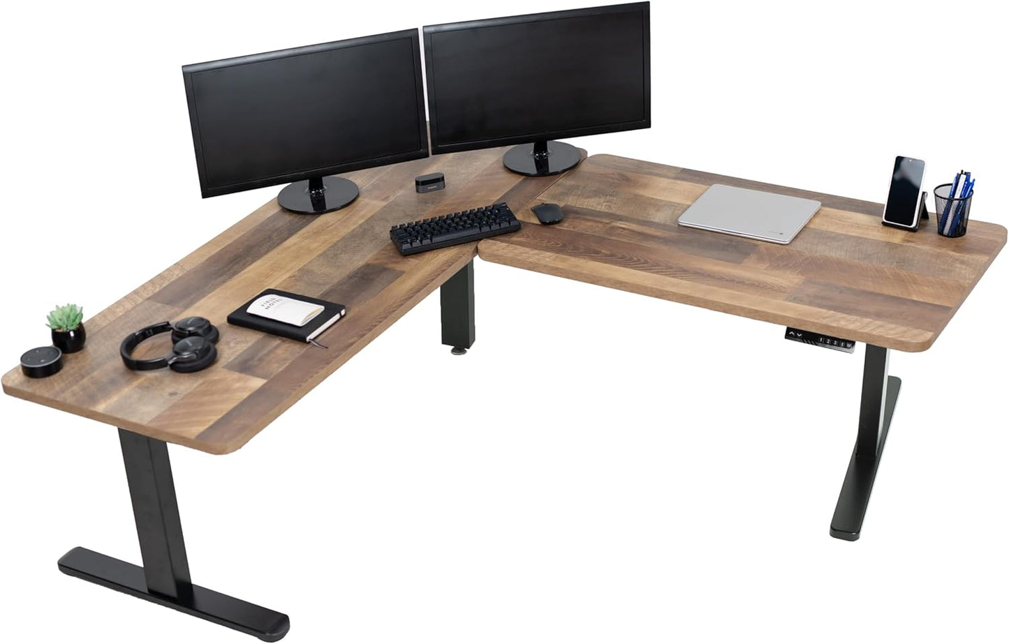 VIVO Electric Height Adjustable 83 x 60 inch Corner Stand Up Desk, 2 Light Wood Solid Table Tops, White Frame, Memory Controller, L-Shaped Workstation, 3E Series, DESK-KIT-3E8C