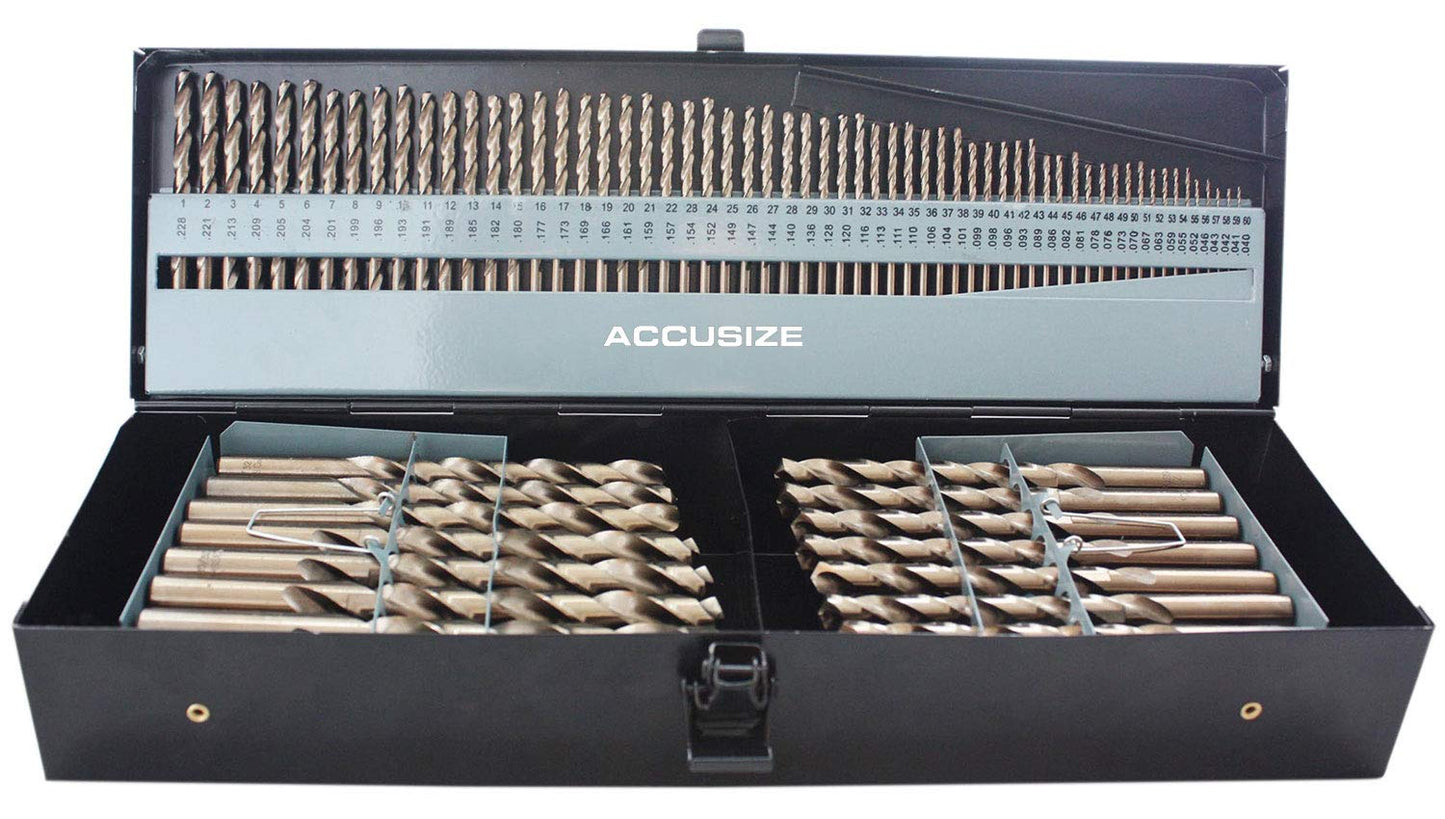 Accusize Industrial Tools - 115 Pc M35 H.S.S. Plus 5% Cobalt Drill Bit Set, Professional, 135° Split Point, Sizes 1/16'' to 1/2'', #1-60, A-Z, 0422-1003