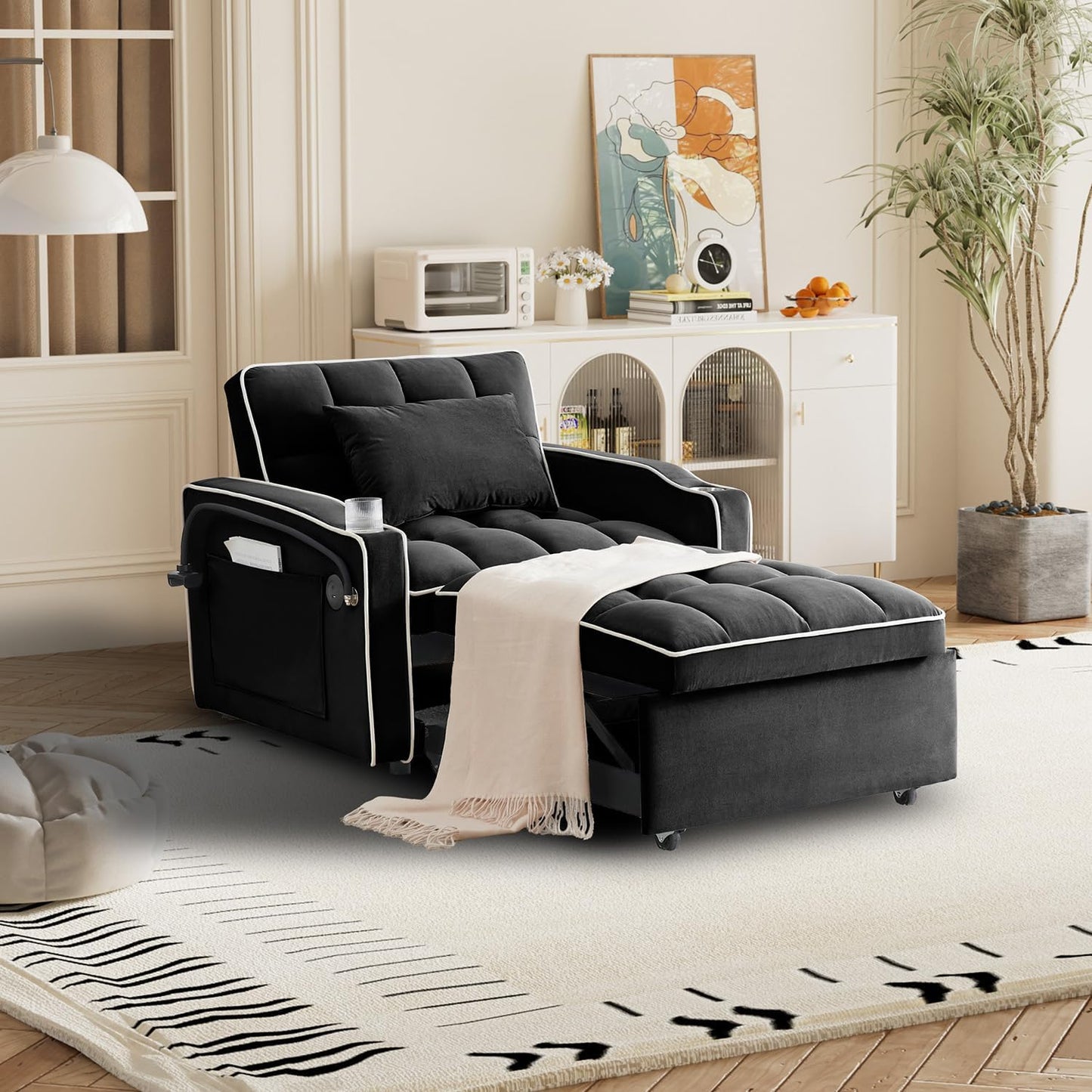 3 in 1 Sleeper Sofa Chair Bed,Velvet Convertible Sleeper Chair,Pull Out Bed Chair with USB Port & Ashtray and Swivel Phone Stand & Storage Pockets,Modern Chair for Living Room