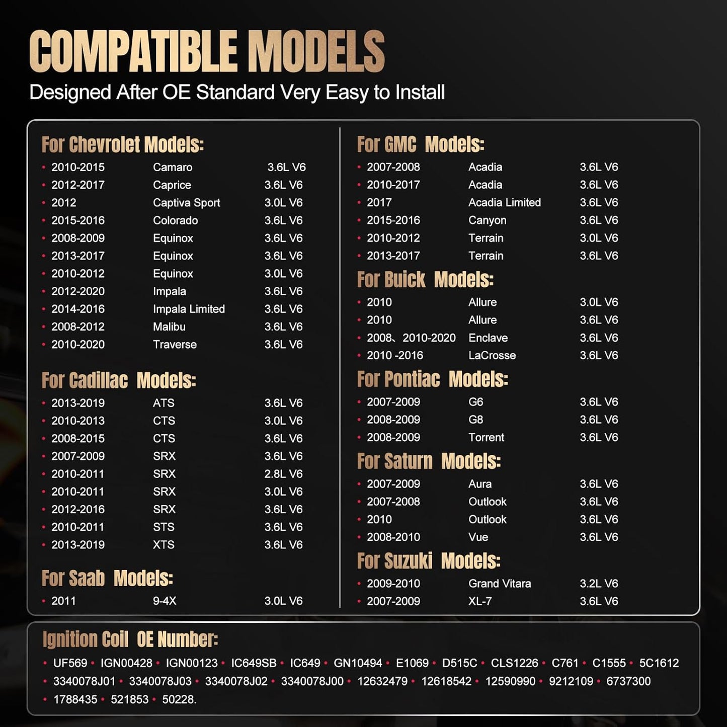 Set of 6 UF569 Ignition Coil Pack Compatible with Cadillac ATS CTS SRX STS XTS Compatible with Chevy Camaro Caprice Equinox Traverse Replaces C1555 GN10494, V6