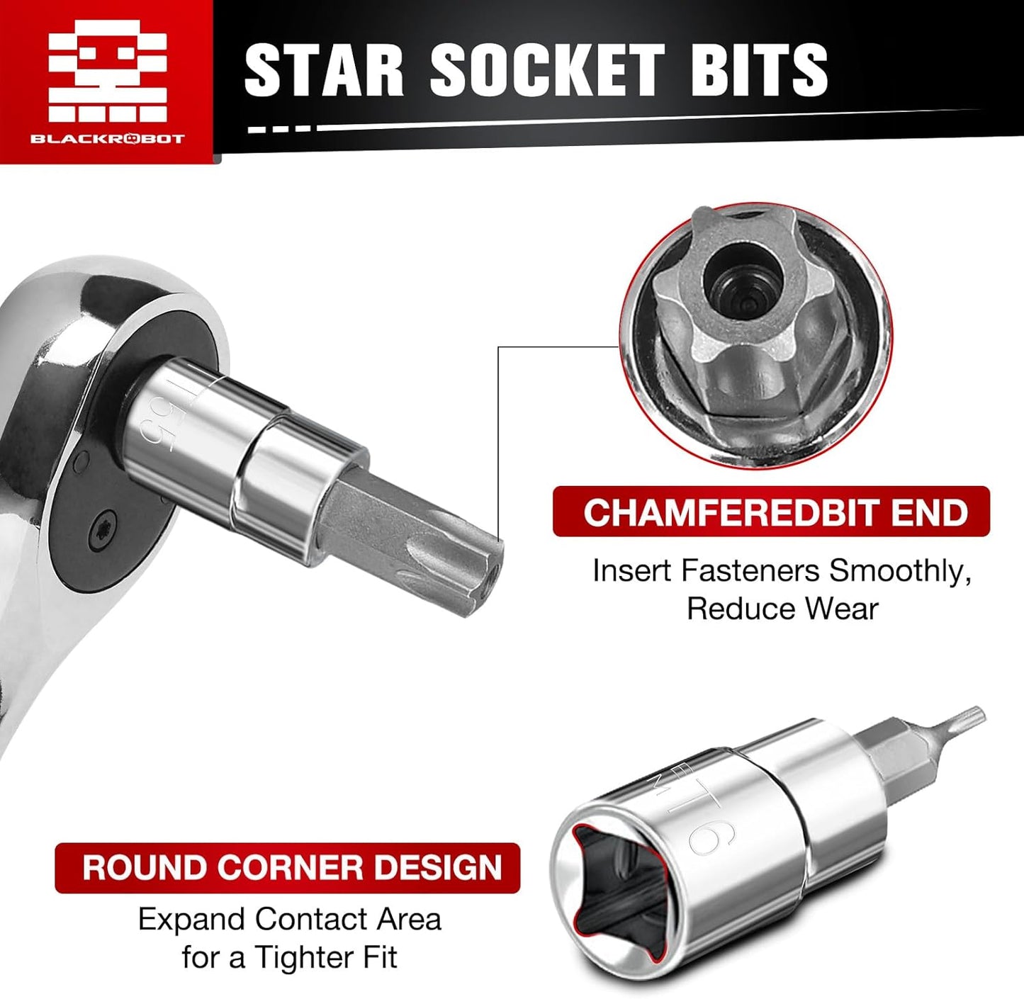 BLACKROBOT 67-Piece Master Torx Bit Socket and E-Torx Socket Set, 1/4” 3/8” 1/2” Drive(E4-E24, T6-T70,TT6-TT70,TP8-TP60), Includes Socket Adapters and Drill Bit Adapters, S2 and Cr-V Steel