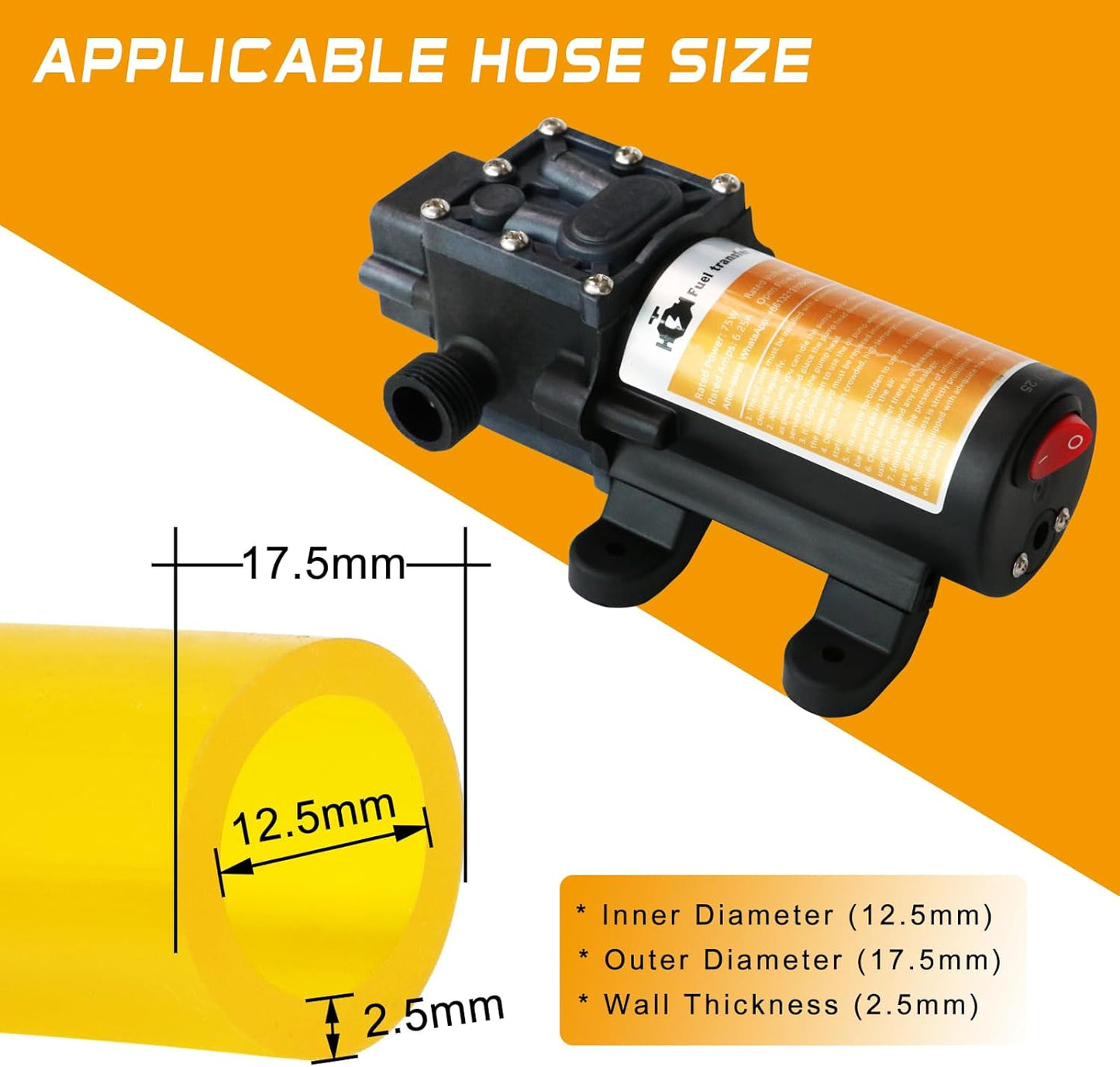12V 75W Fuel Transfer Pump Kit, Moves Up to 110 Gallons Of Gas or Diesel Per Hour, with High Elastic Fuel Pipe & 2 Power Cables, Great for Vehicles, Boats, Equipment, Gasoline, Diesel