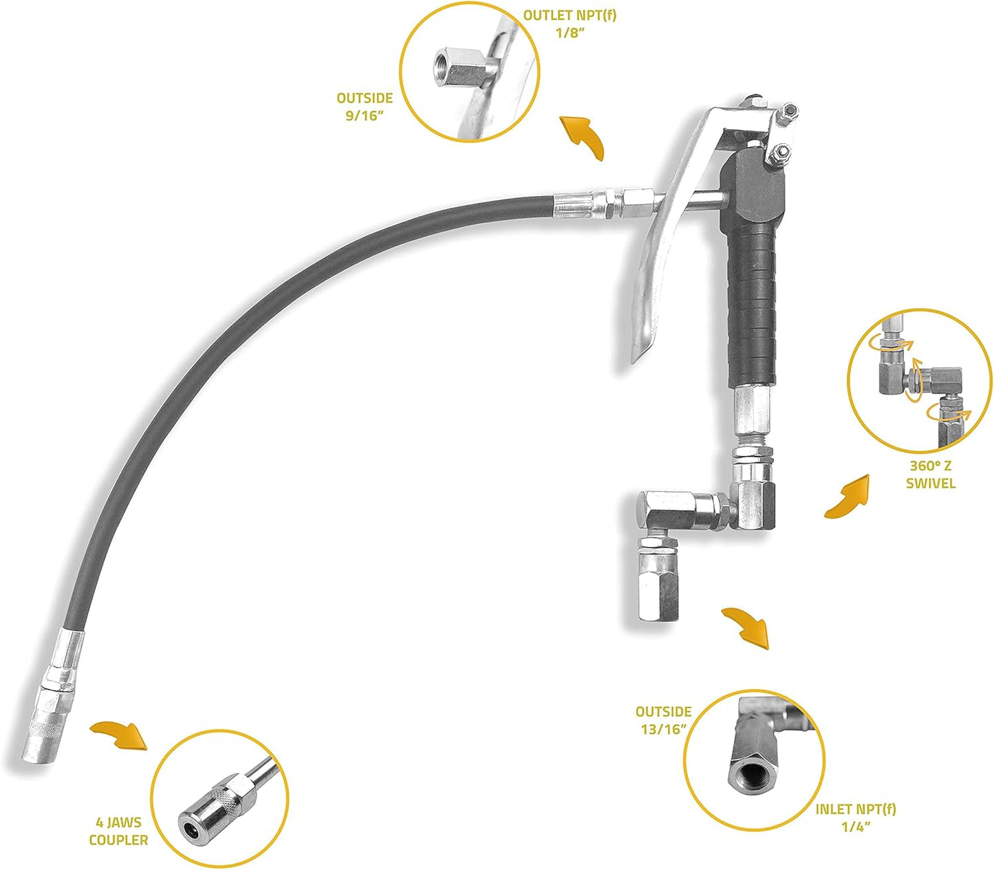 Wolflube Grease Control Handle Valve - For grease pump, Heavy duty High Pressure 7,500 PSI W.P, 1/4 inch NPT(f) inlet thread, 18 inches flexible spout with 4 jaws coupler, with 360 degree Z Swivel