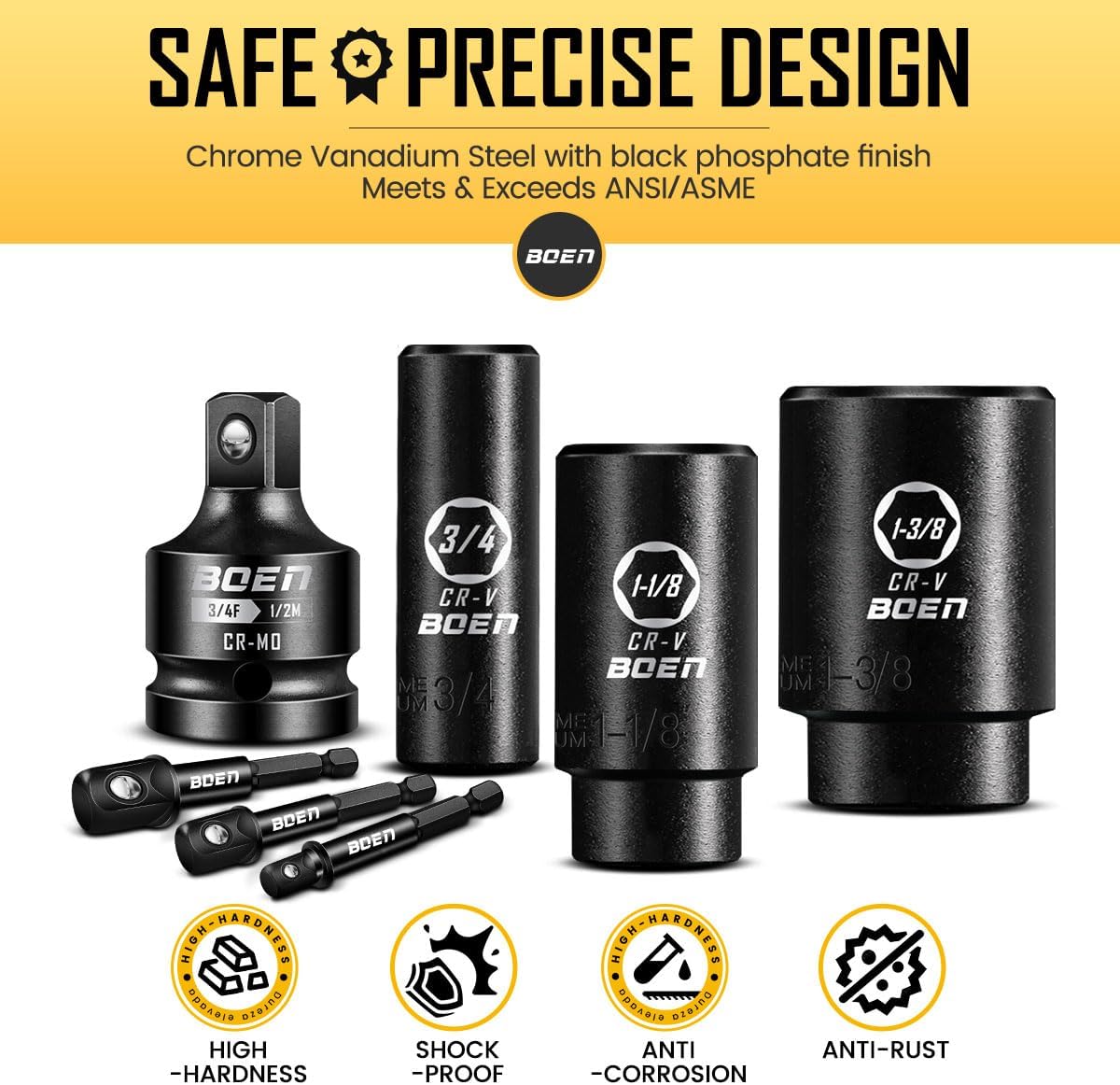 boen 1/2” Drive SAE Impact Socket Set, 3/8" to 1-1/2" Deep Socket, 6-Point Hex Socket with Portable Case, Rugged Construction, CR-V Steel, 24PCS
