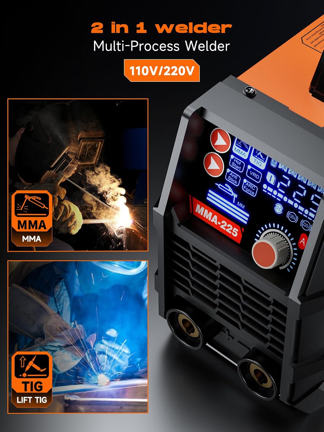 225 Amp Stick Welder with Large LCD Display, Digital IGBT Inverter, 110V/220V Portable Stick Welding Machine. Features include Dual Voltage, Hot Start, Arc Force, Anti-Stick, and VRD Protection