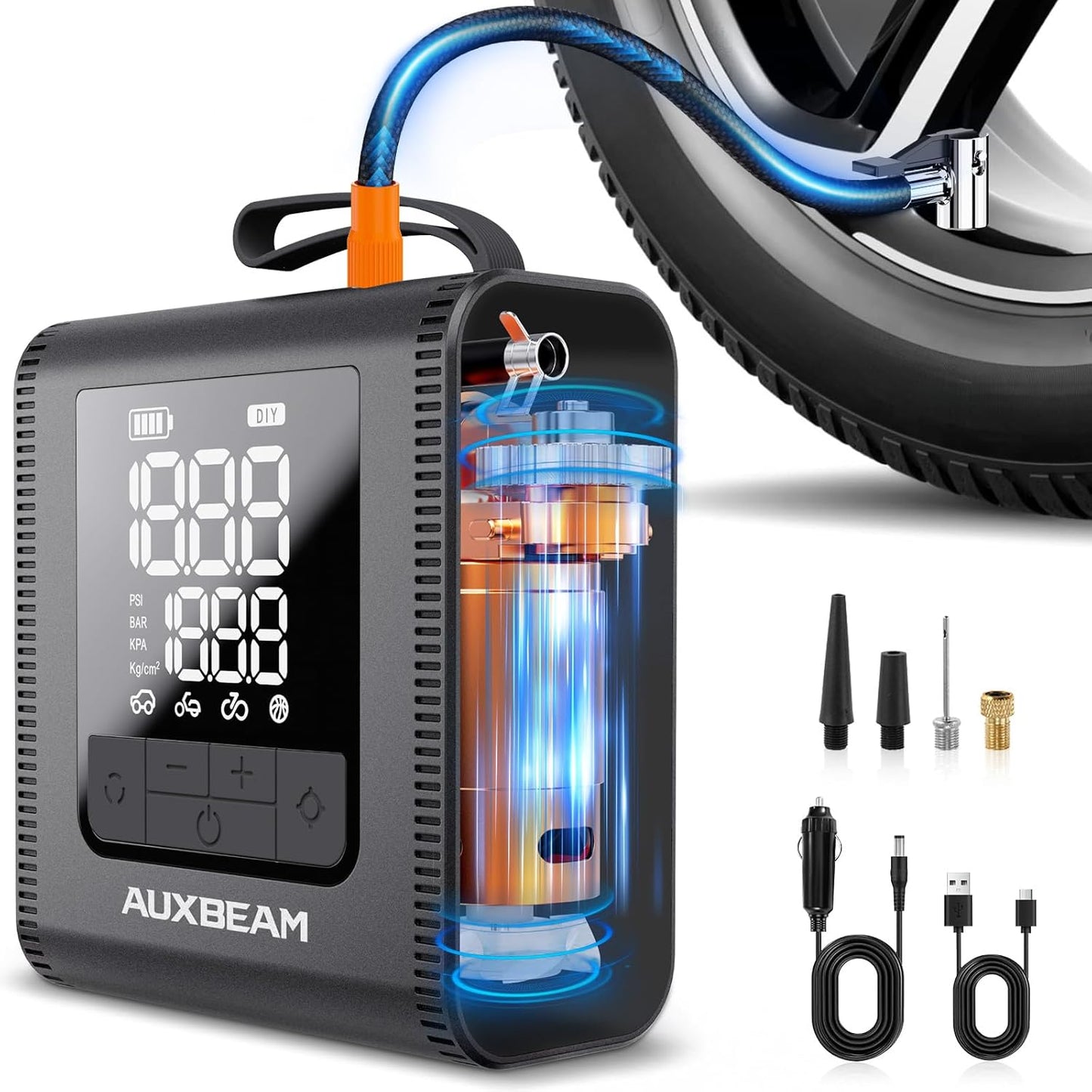 AUXBEAM H4Pro Tire Inflator Portable Air Compressor,150PSI 2 in 1 Rechargeable 5200mAh Car Tire Inflator Portable 4 Preset Inflation Modes 12V Air Pump With LCD Screen for Car, Motorcycle, Bike, Ball