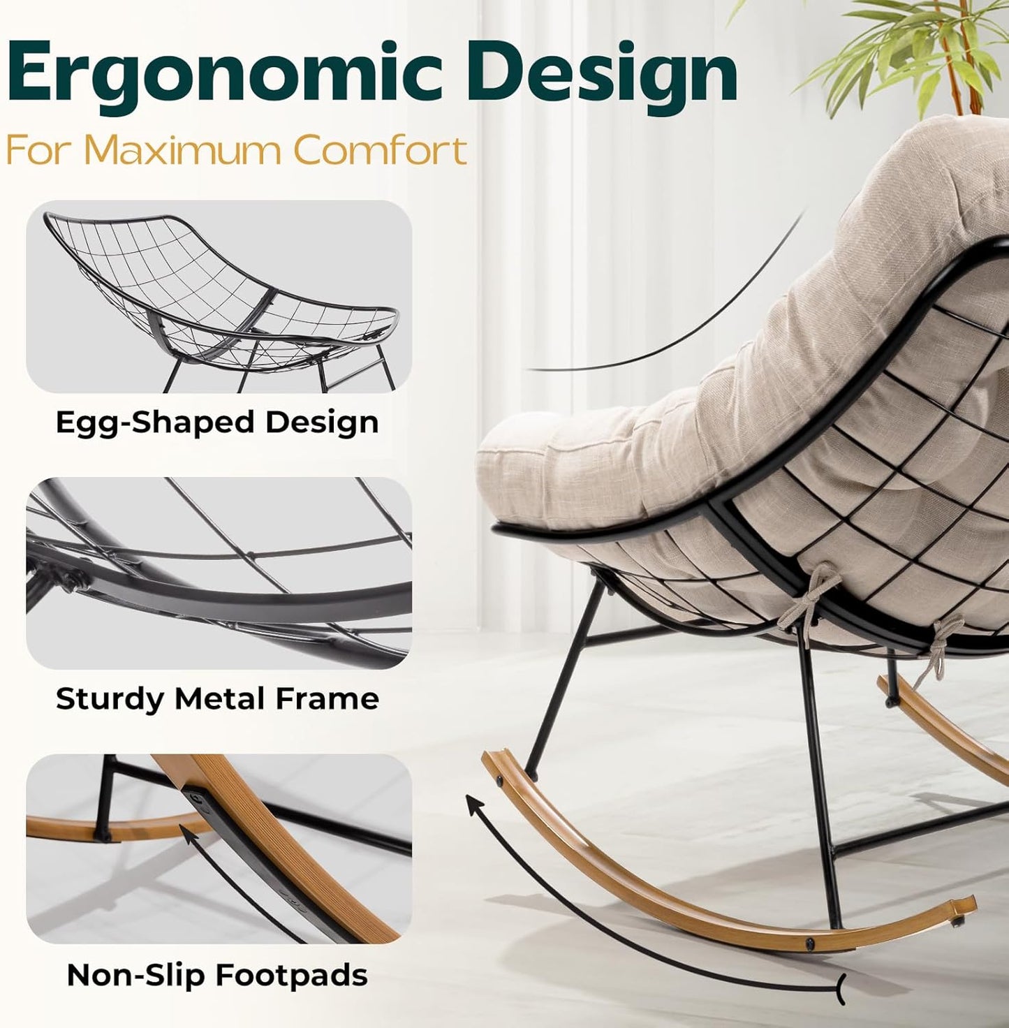 Bme Rocking Chair Outdoor & Indoor, Metal ounge Rocking Chair with Thick Cushion, Modern Rocker Chair for Living Room, Porch, Backyard, Beige Cushion - Wood Texture Rocker