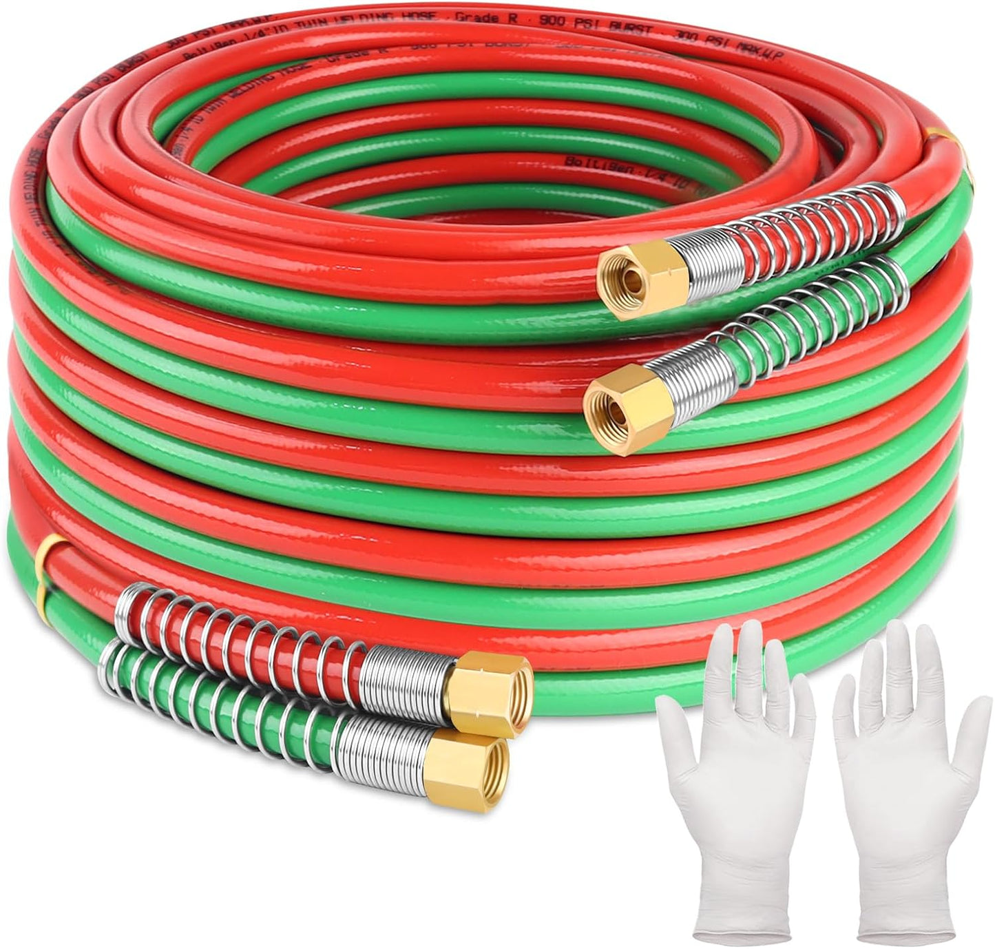 Boltigen 50 Feet Oxygen Acetylene Hose, 1/4inch Grade R Oxy Acetylene Torch Hose with Brass 9/16''-18 LH/RH B Fittings, Stainless Steel Spring Ends Twin Welding Cutting Torch Hose Reel