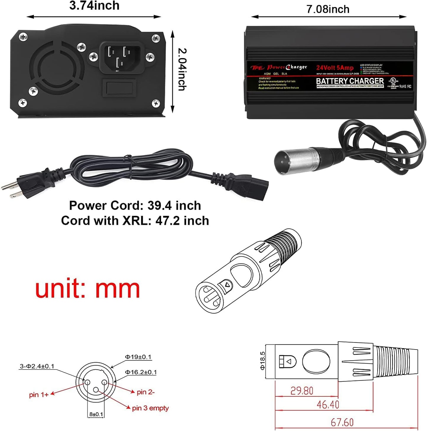 TPE 24V 5A Battery Charger, Automatic Smart Battery Charger, Trickle Charger Maintainer for Wheelchair