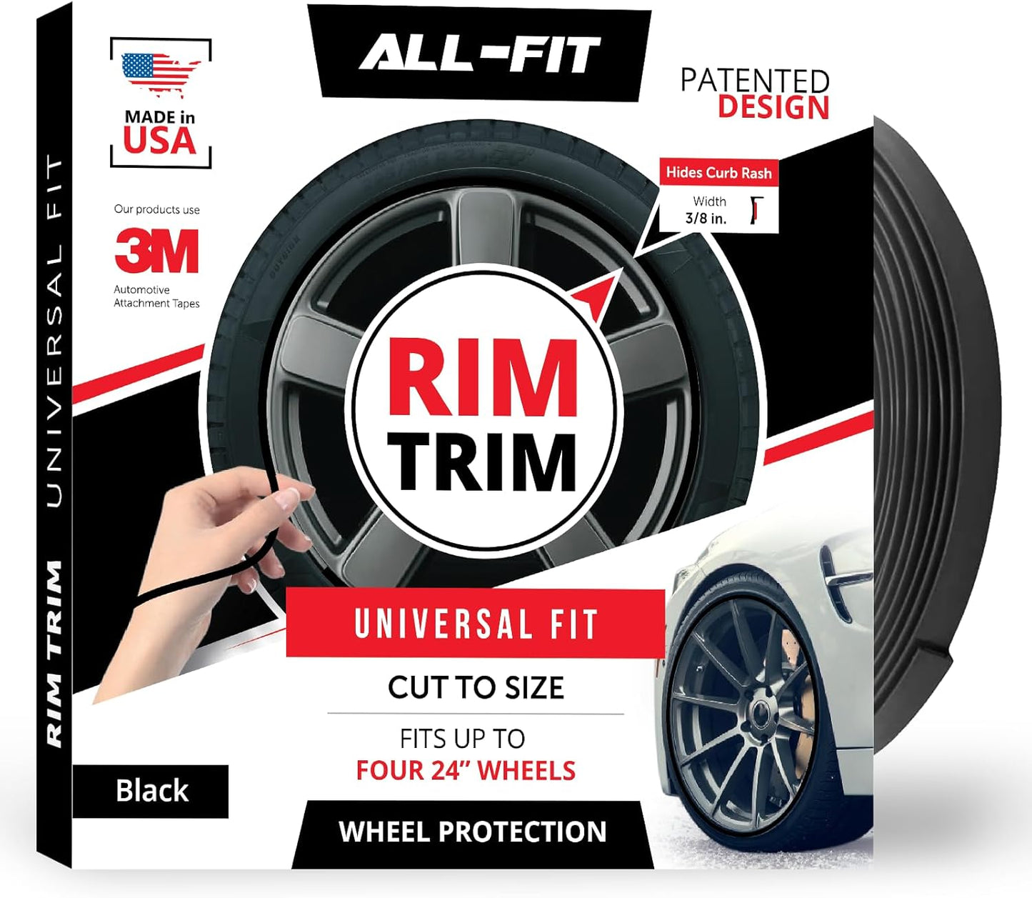 All-Fit Automotive Rim Trim – Durable DIY Car Exterior Accessories for Curb Rash Protection – Fits Up to Four 24” Wheels – Flexible, Durable Wheel Rim Protector (3/8″ width/Red)