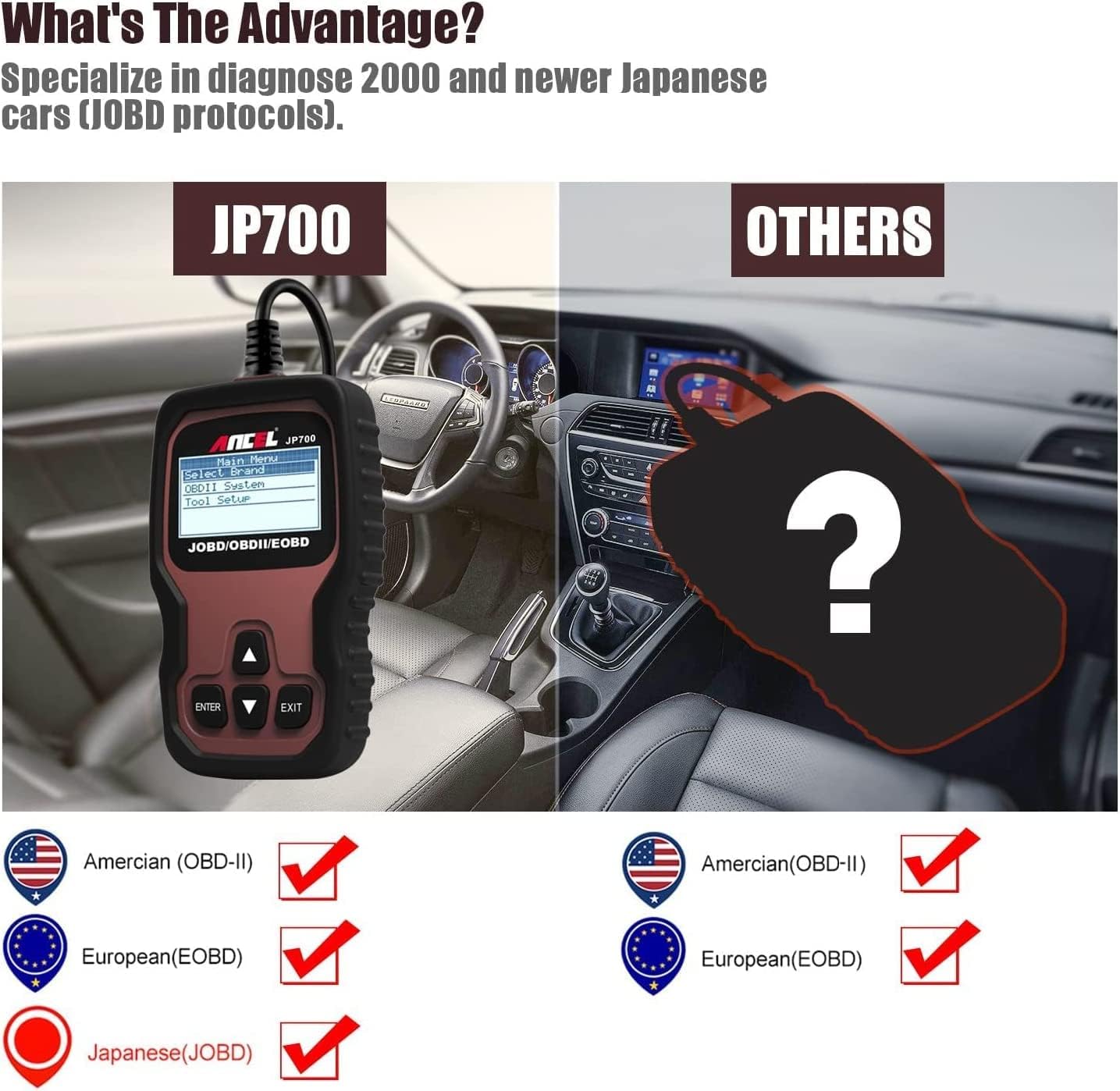 ANCEL JP700 JOBD OBD2 Japanese Car Scanner, JDM Automotive Code Reader Check Engine Light OBDII Diagnostic Scan Tool Fits for Toyota Nissan Honda Mazda Subaru Vehicle Diagnosis
