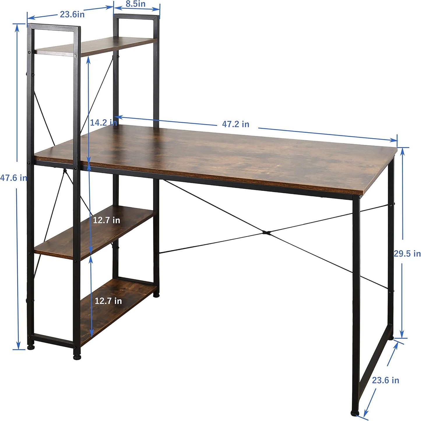AEONS Computer Study Desk with Storage Shelves, Home Office Desk with Reversible Bookshelf Study Writing Table Corner Desk 47”, Wood & Metal, Space-Saving