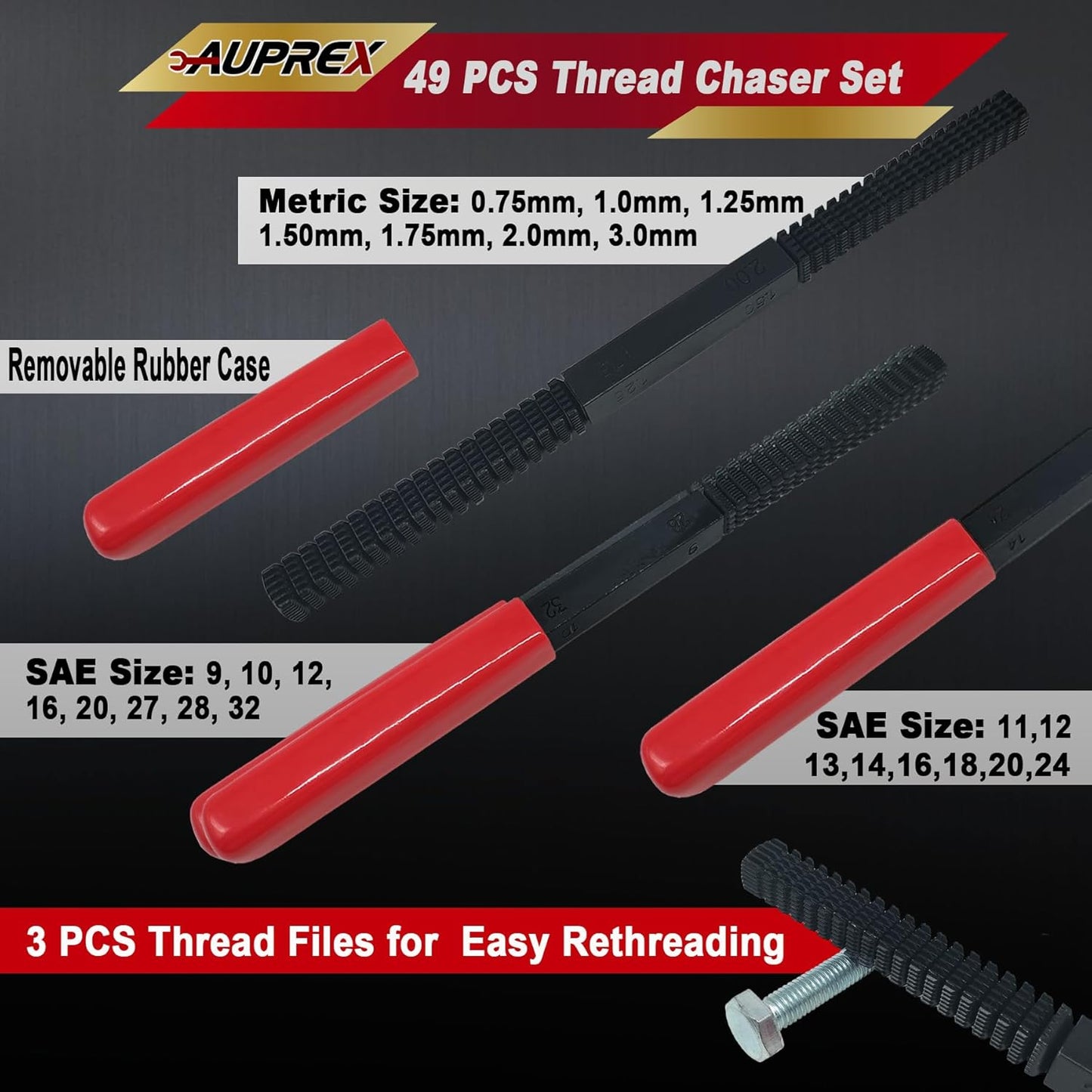 49Pcs Thread Chaser Set, UNC, UNF & Metric Thread Repair Kit with Taps, Dies and Thread Files for Re-Threading, Universal Metric and SAE Thread Chaser Kit
