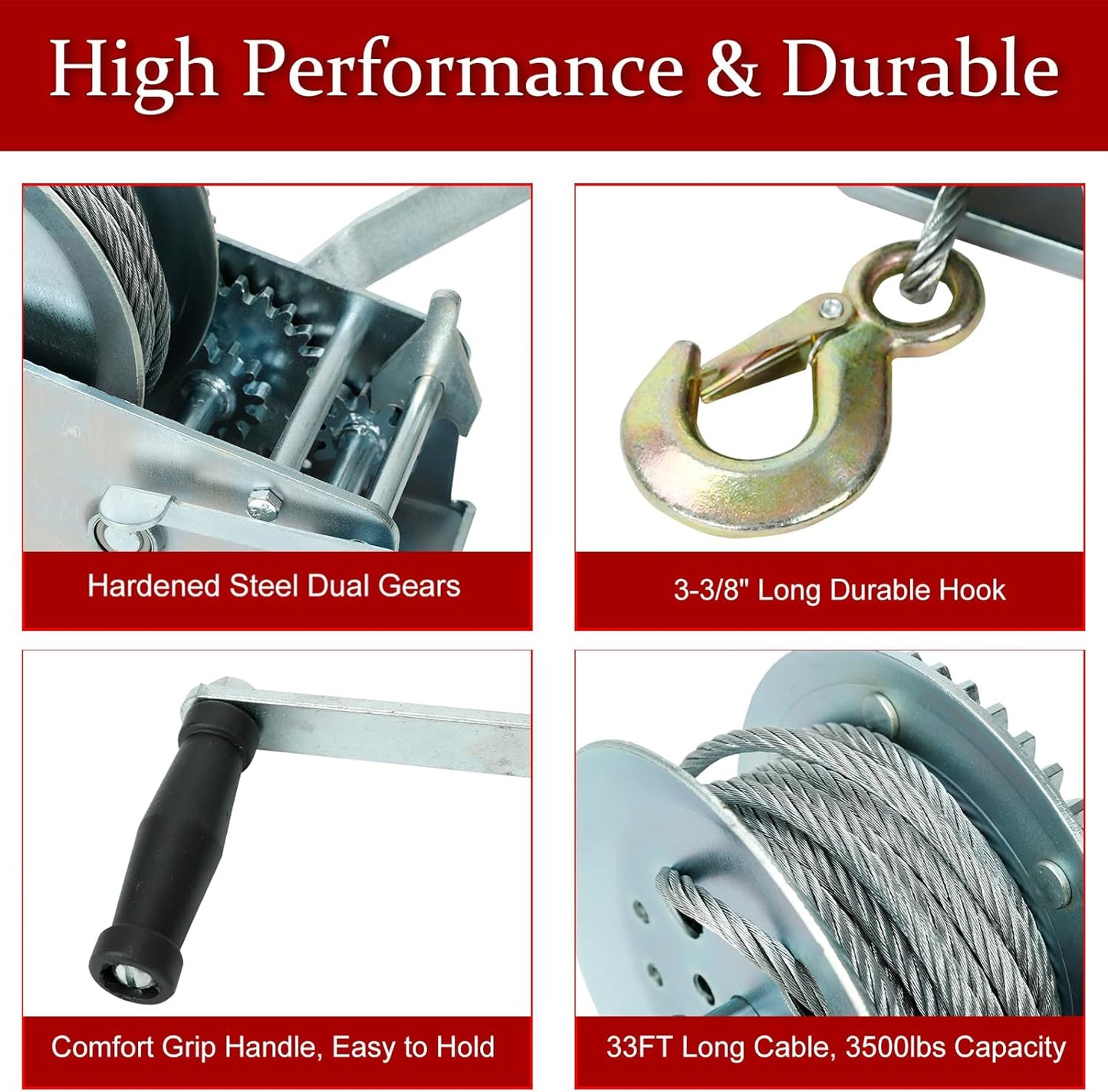 BLACKHORSE-RACING 3500 lbs Hand Winch with 33FT Cable, Hardened Steel 2 Gear Manual Crank Winch for ATV RV Boat Trailer Truck Marine Winch Heavy Duty Hand Crank Winch with Hook
