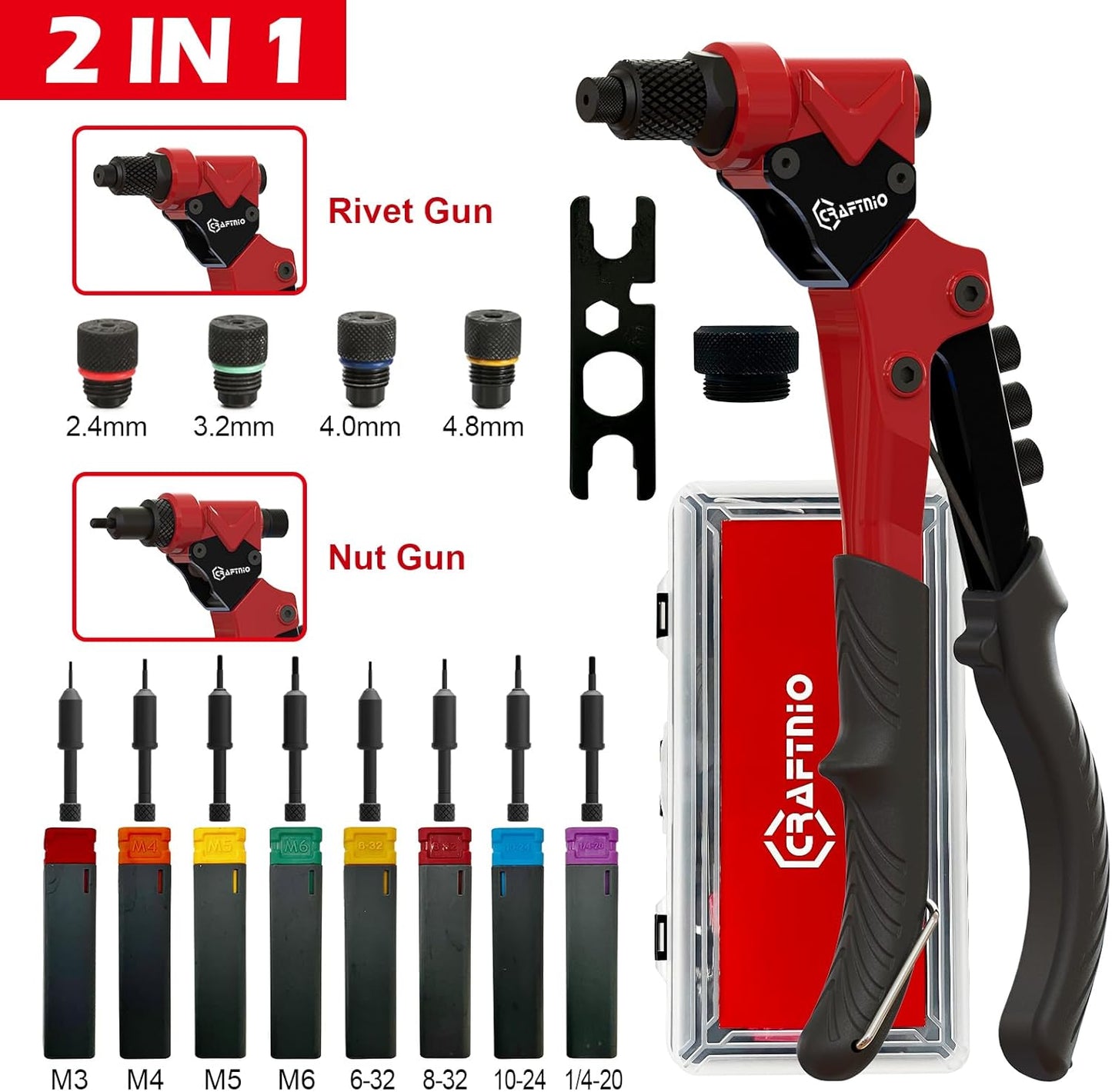 2 in 1 Rivet Nut Tool, Rivet Gun, 360° Swivel Head Multi-Application Tool with 4 Rivet Heads and 8 Metric & SAE Mandrels, Hand Riveter Tool with 80 Rivets and 80 Rivet Nuts, Designed for Tight Space