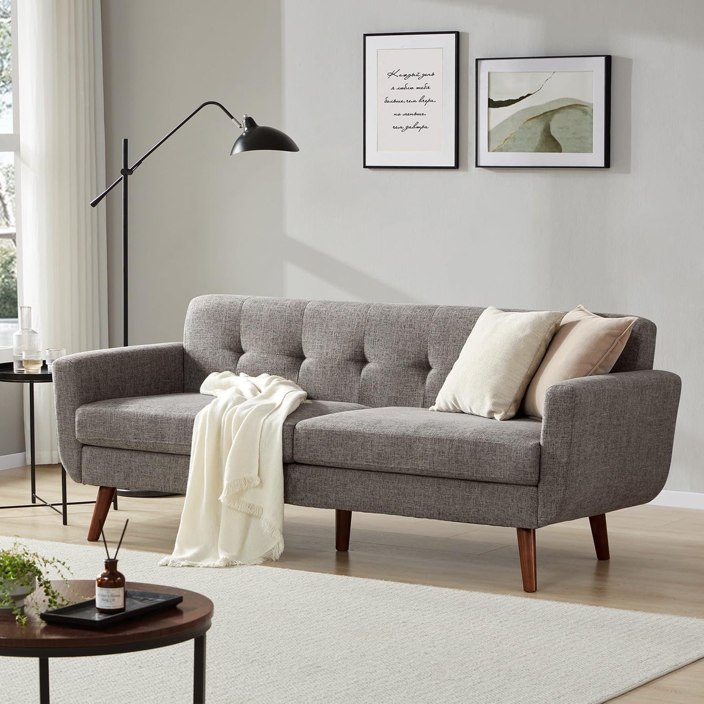 Tbfit 65" W Loveseat Sofa, Mid Century Modern Decor Love Seat Couches for Living Room, Button Tufted Upholstered Small Couch for Bedroom, Solid and Easy to Install Love Seats Furniture, Beige