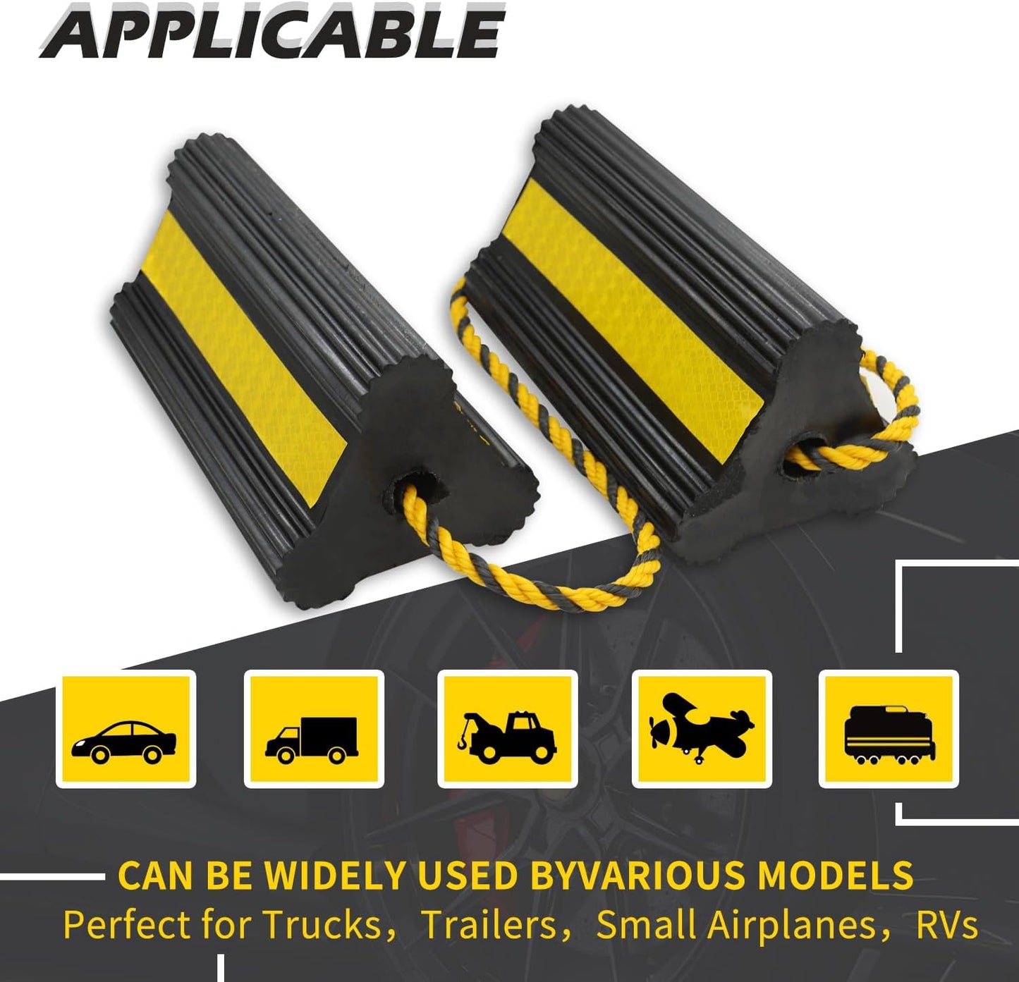 Vacallity Wheel Chocks for Travel Trailers, Sturdiness Heavy Duty Solid Rubber Camper Trailer RV Wheel Chock Blocks, Aircraft Truck Car tire Stopper, Wheel Immobilizers & Chocks, Trailer Accessory