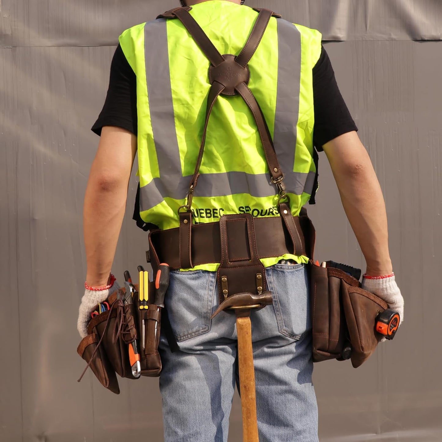 Tourbon Tool Belt with Suspenders Carpentry Multipurpose Rig Pockets Organizer Electrician Tools Pouch Holder Genuine Leather Bag for Construction Framers