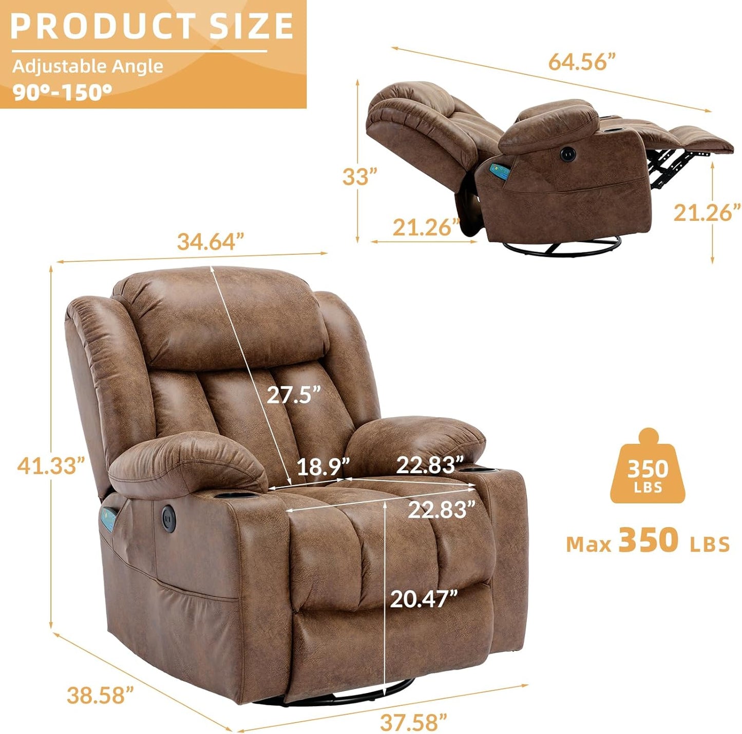 360° Swivel Glider Rocking Recliner Chair, Overstuffed Manual Massage Recliner with Heat and Vibration, Single Modern Sofa Home Theater Seating for Living Room, USB Ports/Cup Holders (Brown)