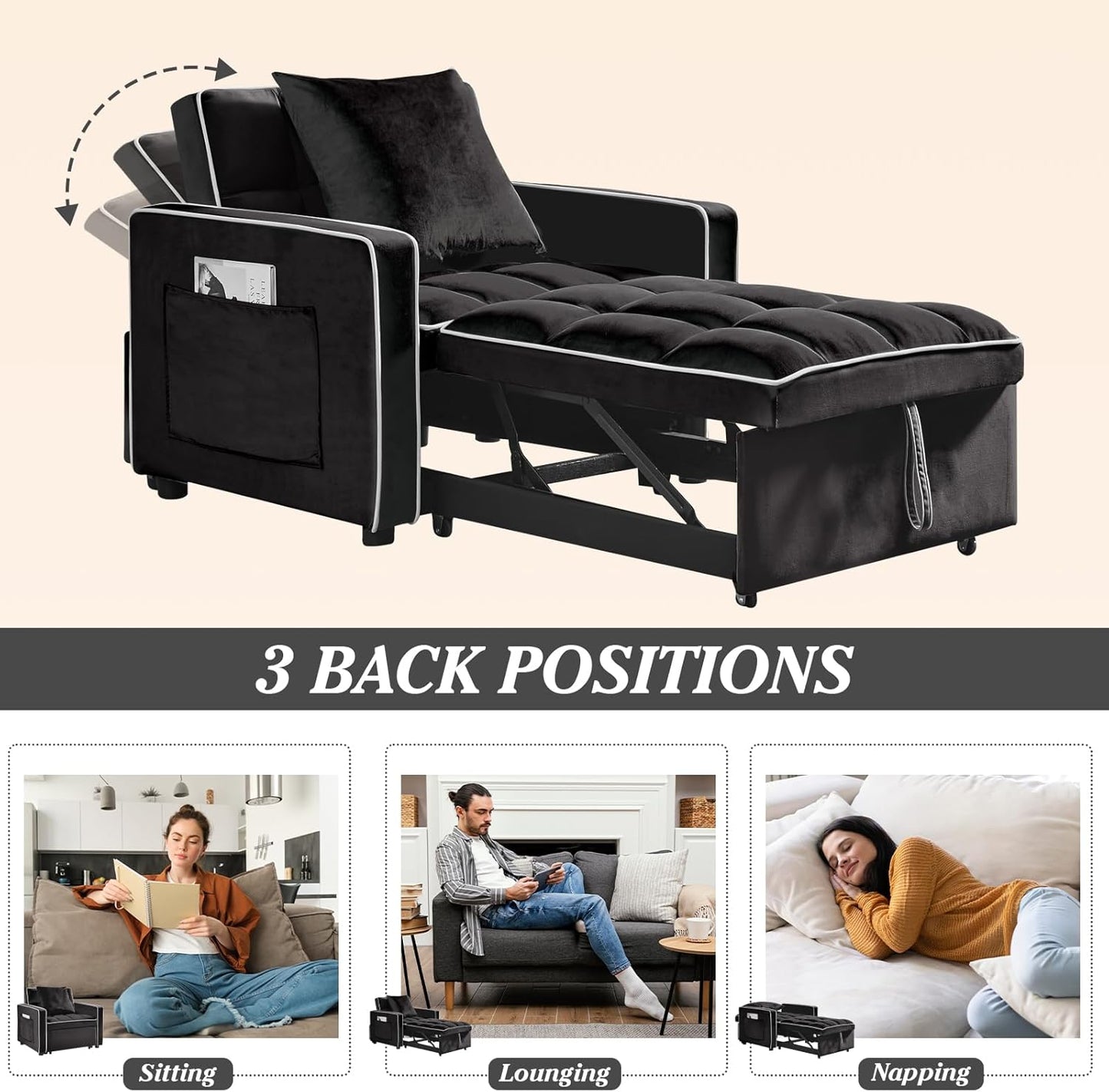 3 in 1 Single Convertible Sleeper Sofa Chair, 35.4" Pull Out Sofa Bed with Adjustable Backrest, Modern Chaise Lounge with Storage, Sleeper Chair Bed with Pillow for Living Room (1, Black)