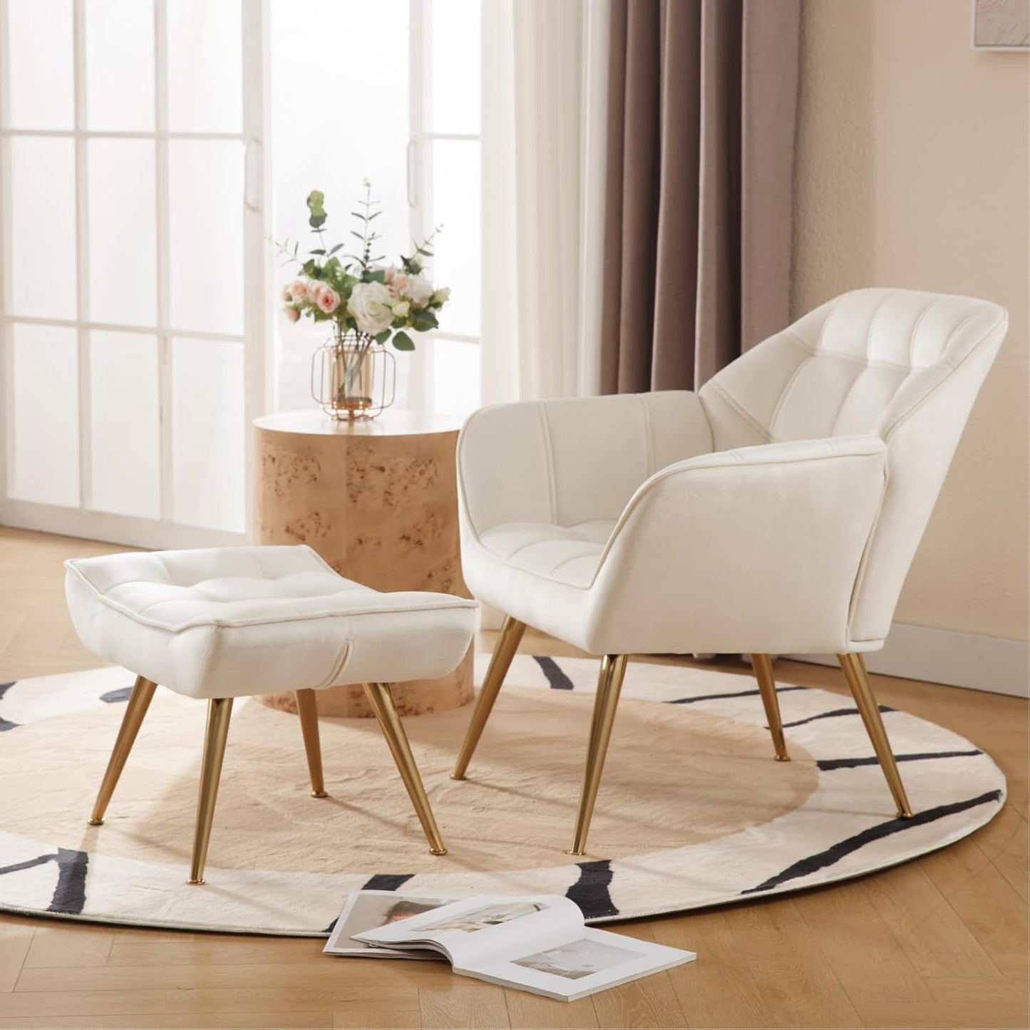 Accent Chair with Ottoman, Upholstered Velvet Armchair with Wood Legs Fluffy Armchair Side Chair Sofa Chair Reading Chair Living Room Chair with Footstool for Bedroom Apartment, Cream