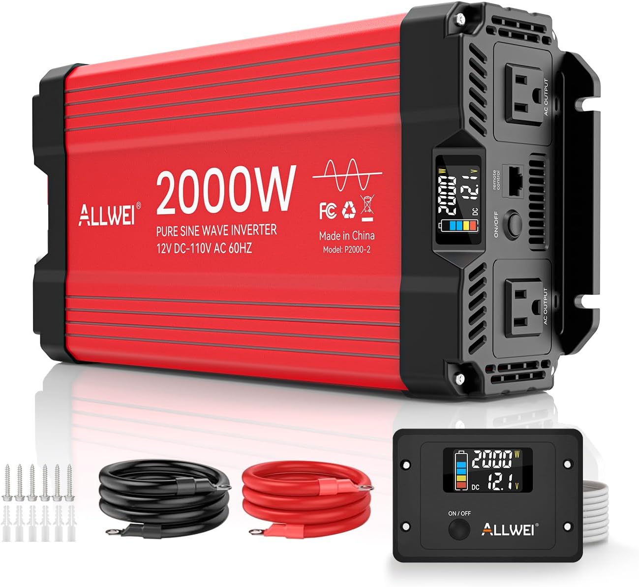 ALLWEI 1500W Pure Sine Wave Inverter 12V DC to 110V/120V AC Converter, Surge 3000W | Power Inverters Vehicles with 2 AC Outlets, RV Truck Boat Home Outdoor & Off-Grid Solar Inverter, Smart LCD Display