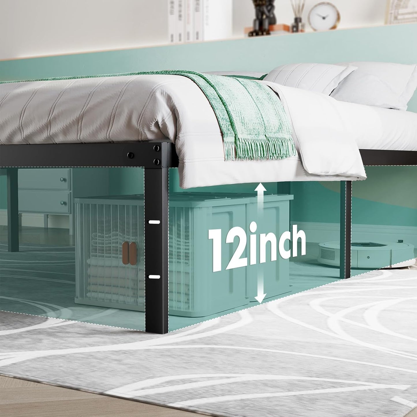 Sweetcrispy Queen Bed Frame - Heavy Duty Metal Platform Bed Frames Queen Size with Storage Space Under Frame, No Box Spring Needed, 14 Inches, Sturdy Steel Slat Support