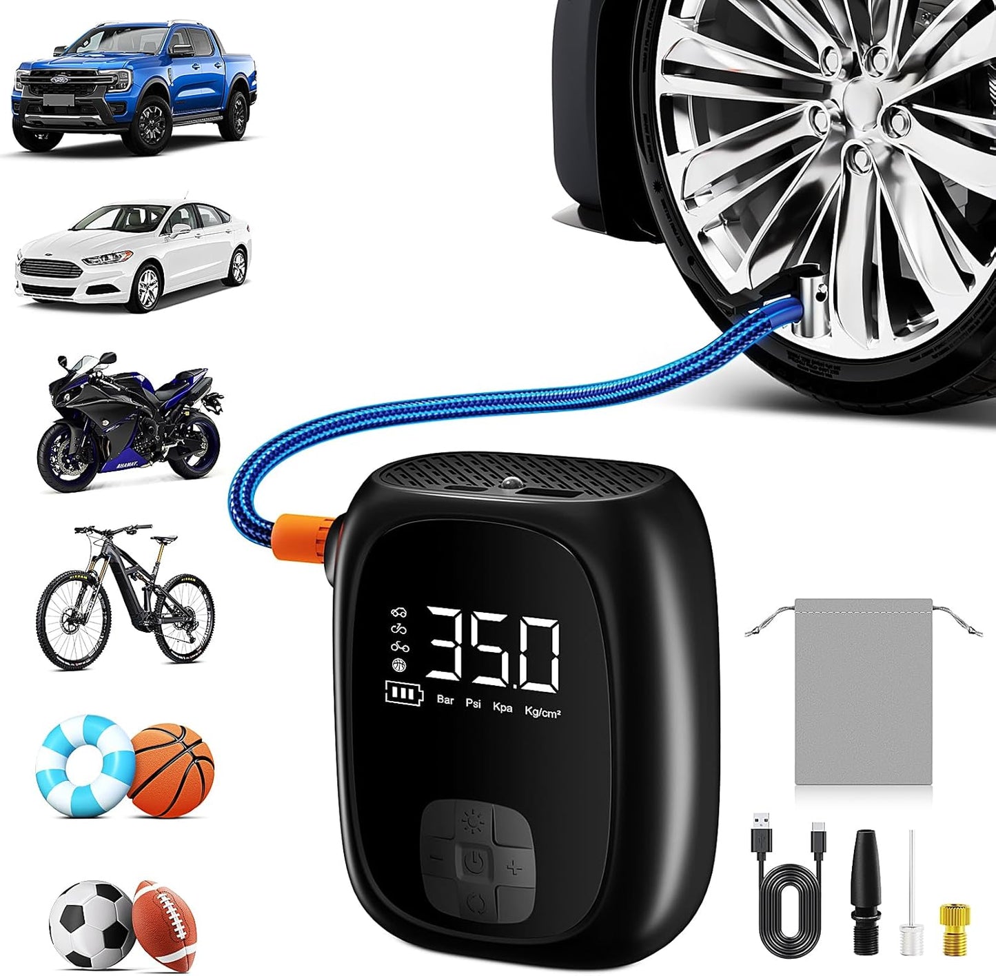 Tire Inflator Portable Air Compressor – Wireless & 12V Dual Power, Auto Shut-Off, Digital Display, Fast Inflation & LED Light, for Car, Bike, Sports & Travel