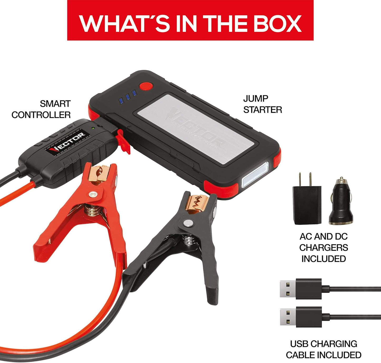 VECTOR SS16LV 1600 Peak Amp Lithium Jump Starter Battery Booster, USB-A and USB-C (3.1 Amps), Power in & Out, LED Work Light, & Heavy Duty Powder Coated Clamps